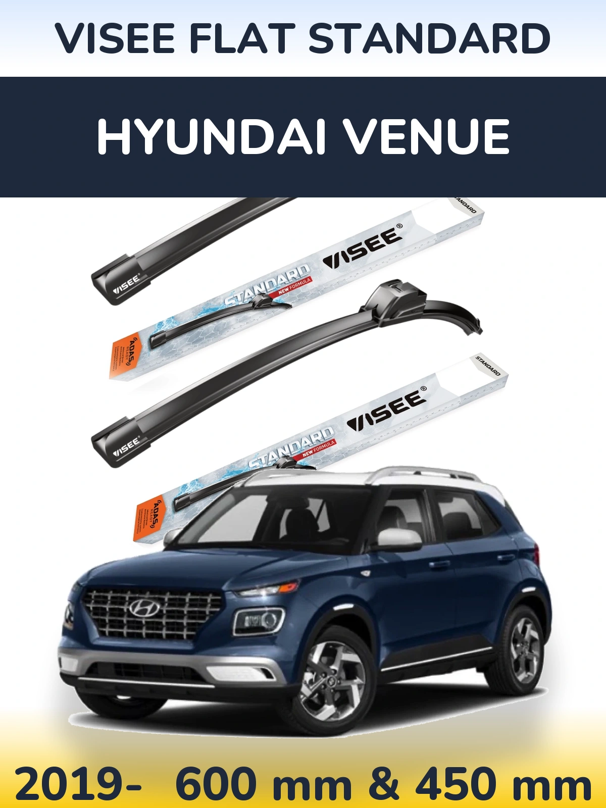 Sada předních stěračů VISEE FLAT STANDARD 600 a 450 mm pro Hyundai Venue 2019-2026