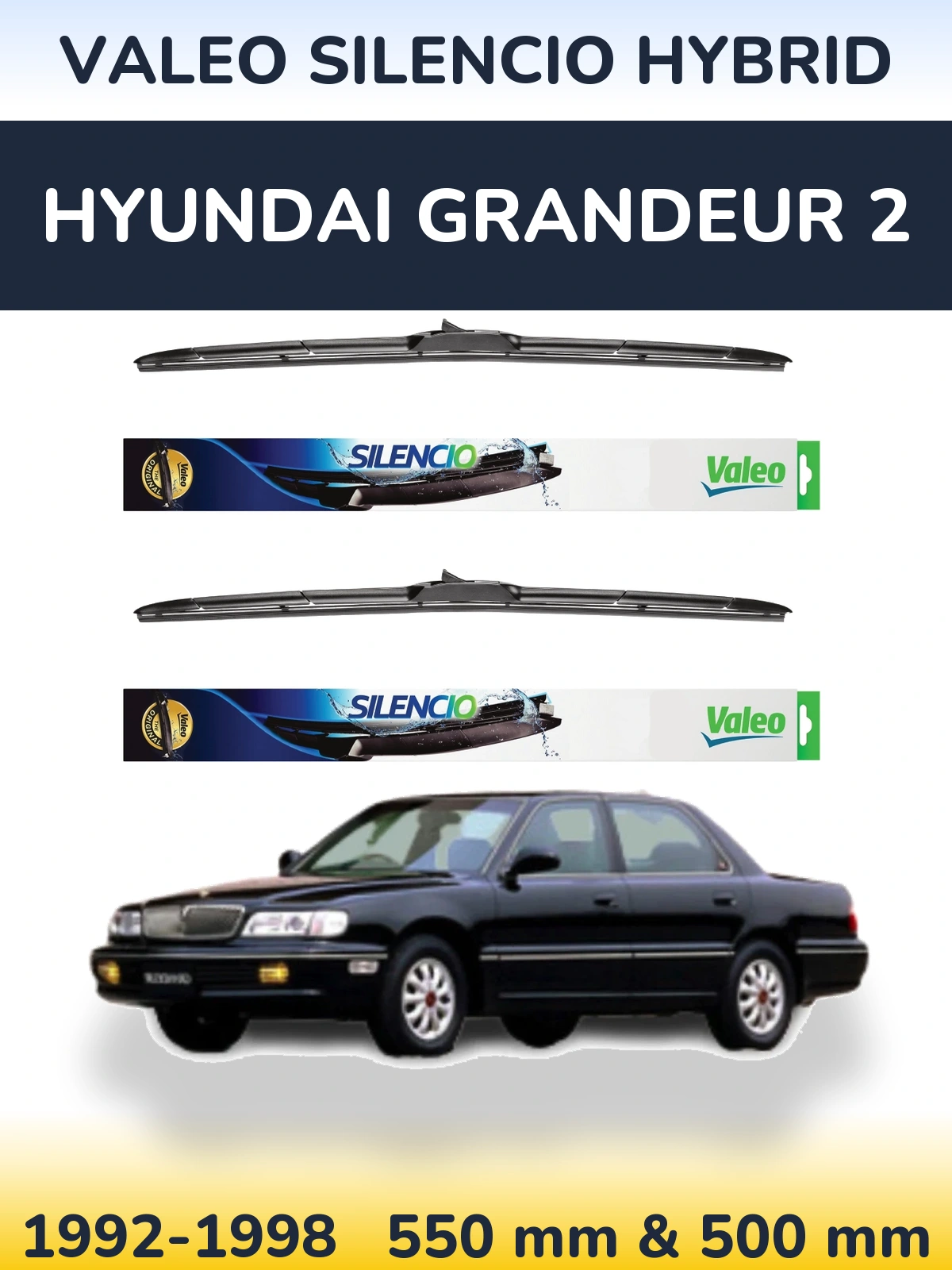 Sada předních stěračů Valeo Silencio Hybrid 550 a 500 mm pro Hyundai Grandeur 2 1992-1998