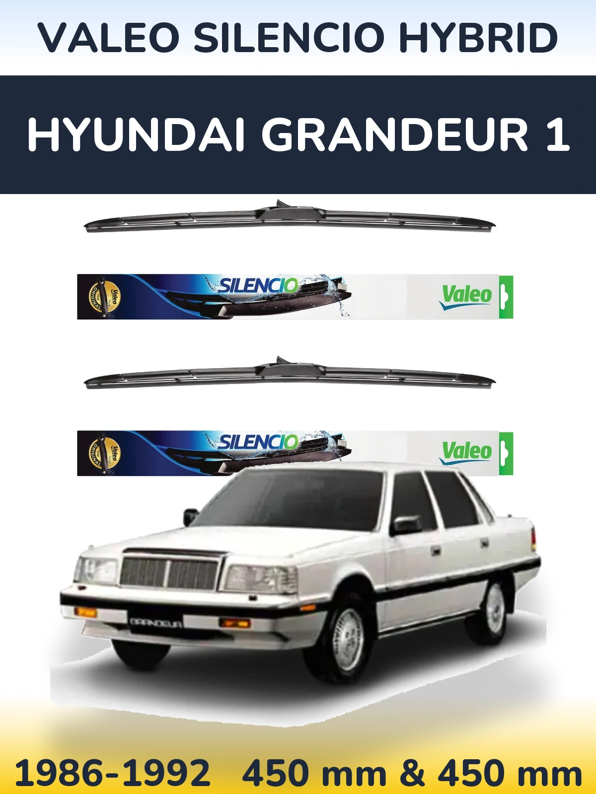 Sada předních stěračů Valeo Silencio Hybrid 450 a 450 mm pro Hyundai Grandeur 1 1986-1992