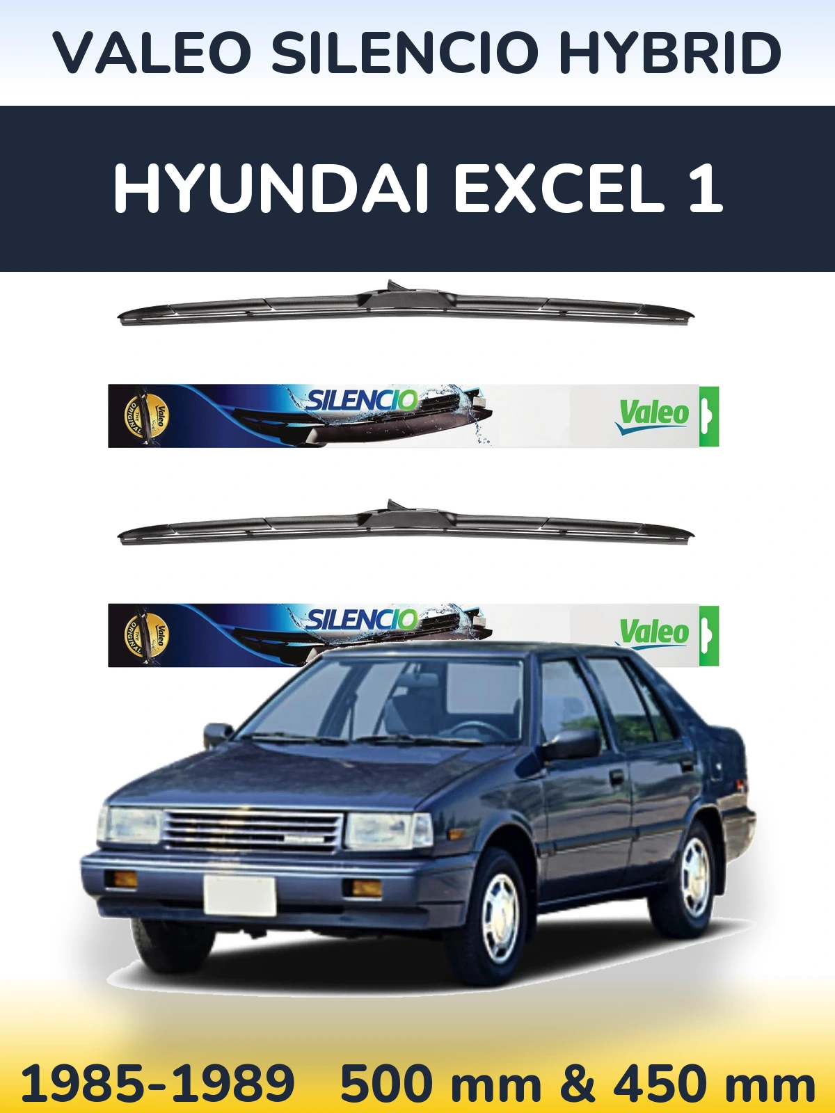 Sada předních stěračů Valeo Silencio Hybrid 500 a 450 mm pro Hyundai Excel 1 1985-1989