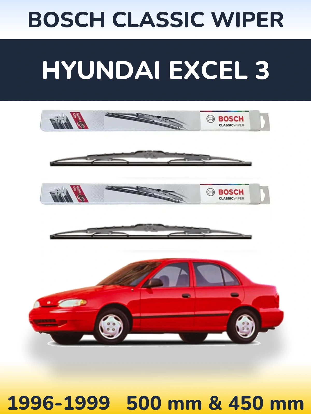Sada předních stěračů BOSCH Classic Wiper 500 a 450 mm pro Hyundai Excel 3 1996-1999