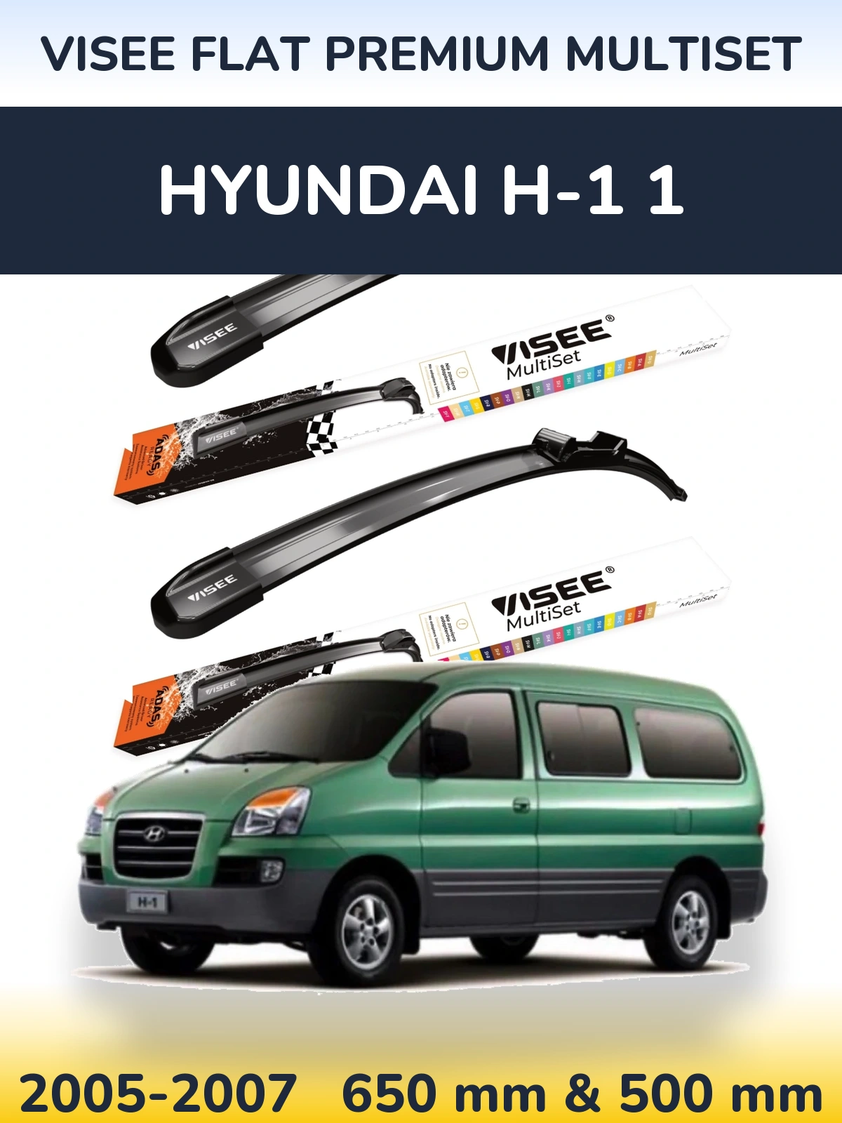 Комплект передніх щіток VISEE FLAT PREMIUM MultiSet 650 & 500 мм для Hyundai H-1 1 2005-2007