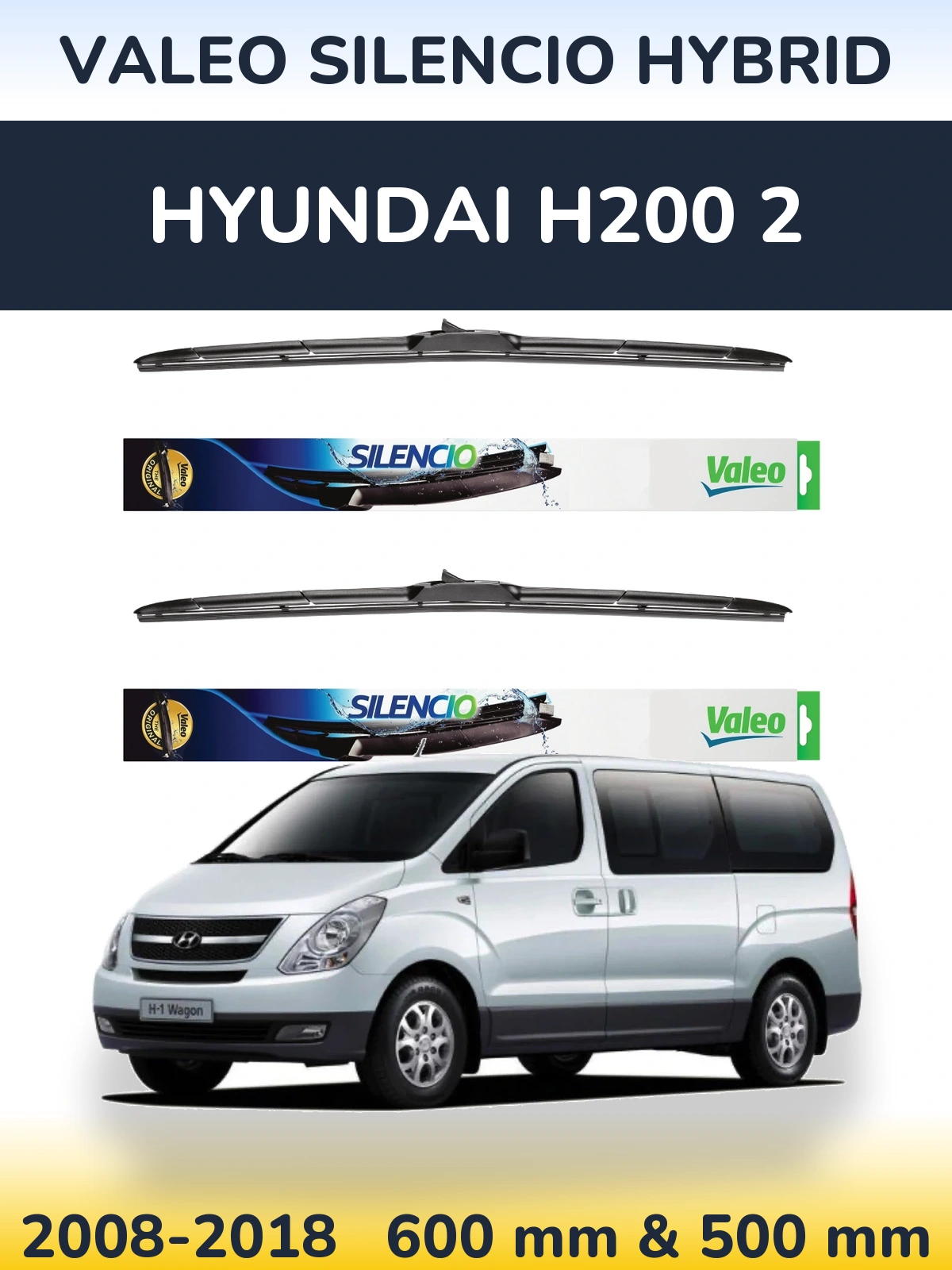 Sada předních stěračů Valeo Silencio Hybrid 600 a 500 mm pro Hyundai H200 2 2008-2018