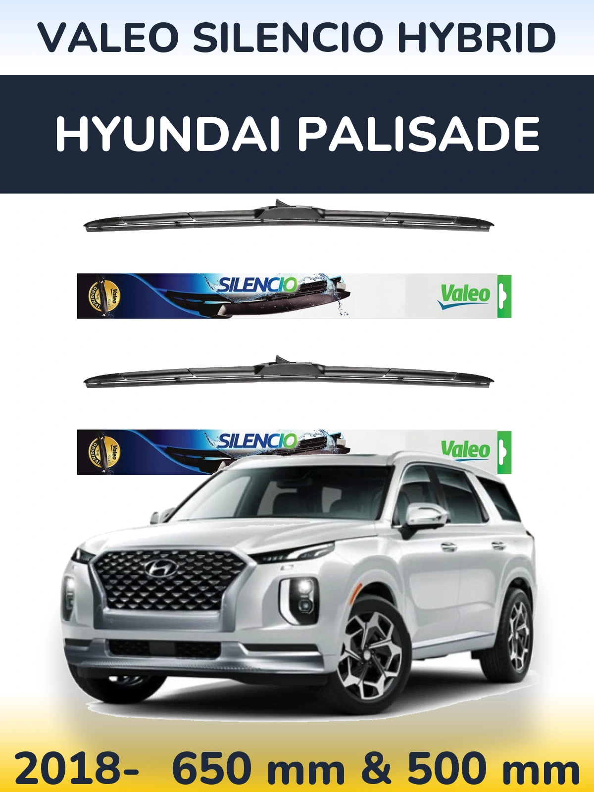 Sada předních stěračů Valeo Silencio Hybrid 650 a 500 mm pro Hyundai Palisade 2018-2026
