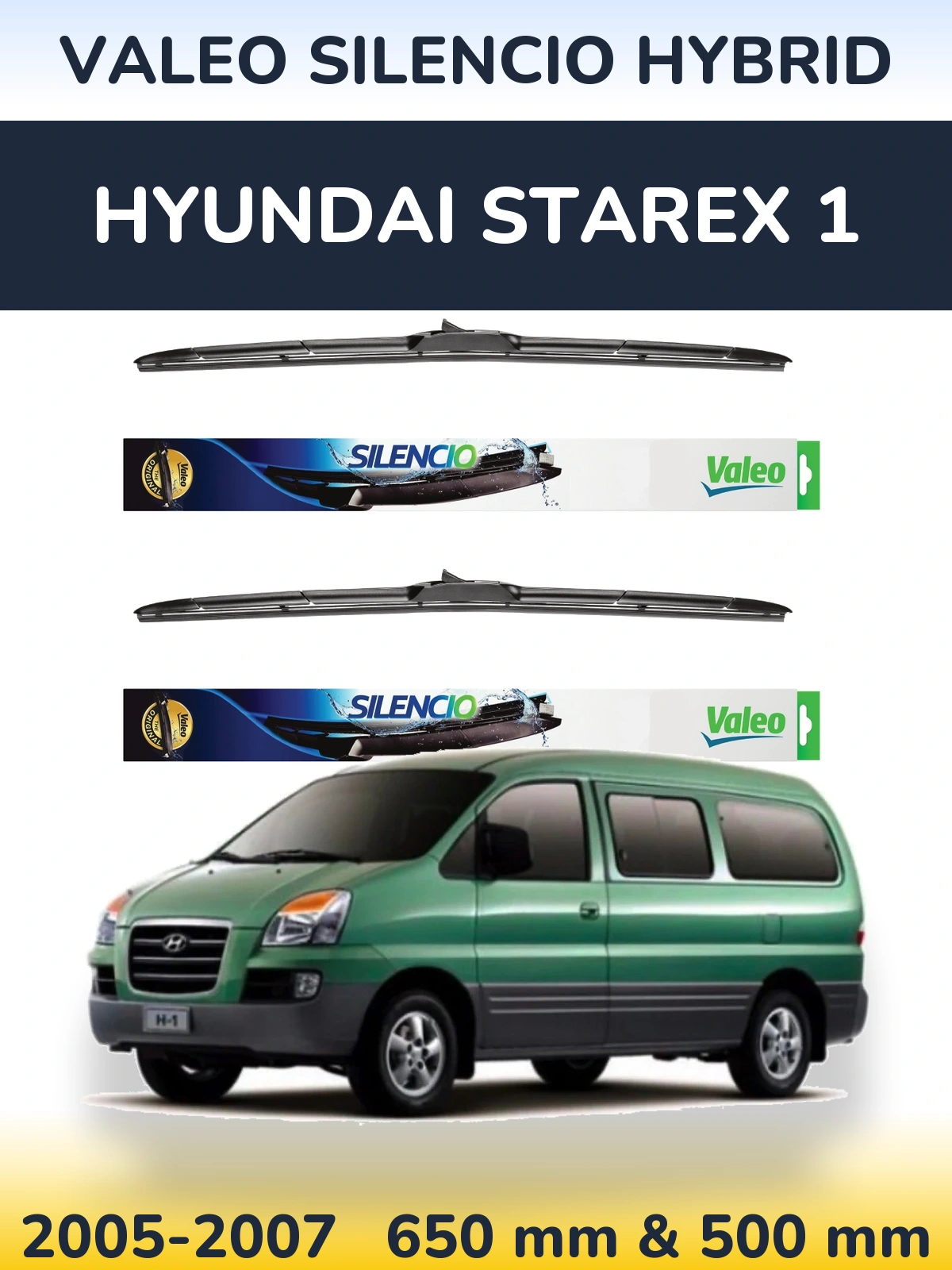 Sada předních stěračů Valeo Silencio Hybrid 650 a 500 mm pro Hyundai Starex 1 2005-2007