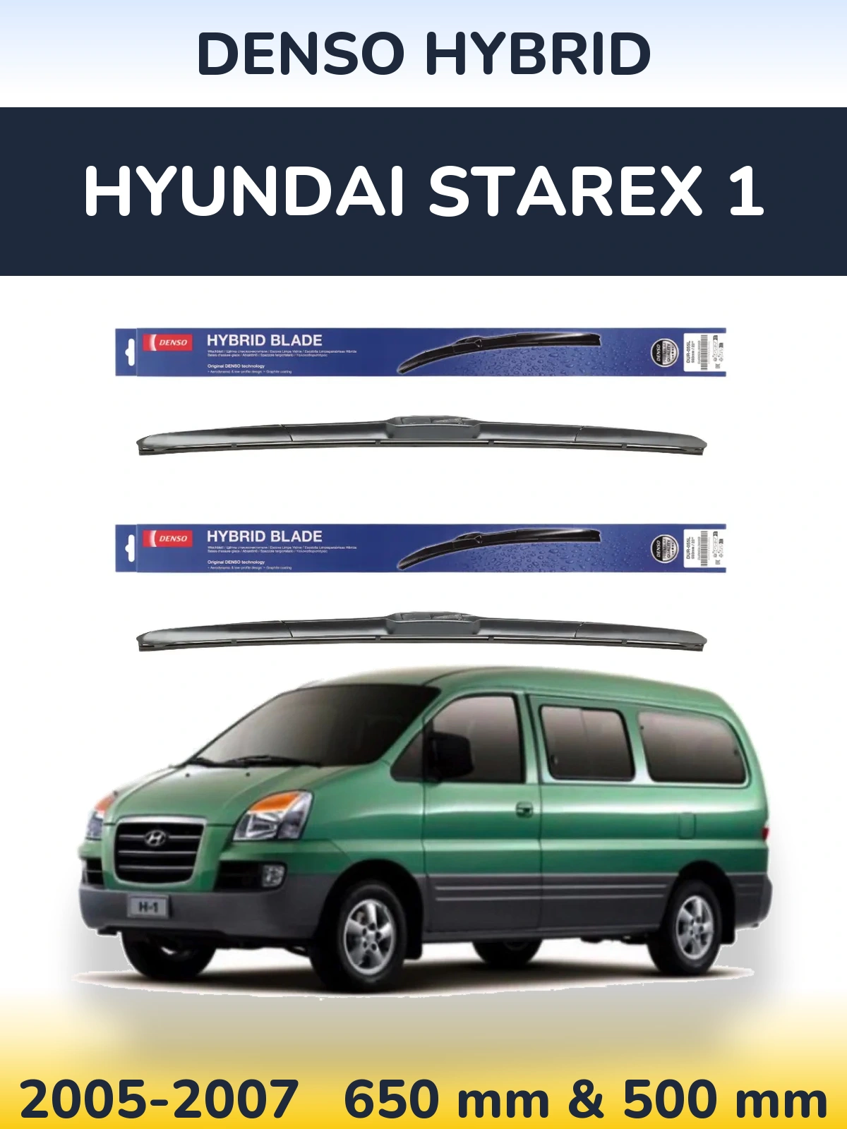 Sada předních stěračů Denso Hybrid 650 a 500 mm pro Hyundai Starex 1 2005-2007