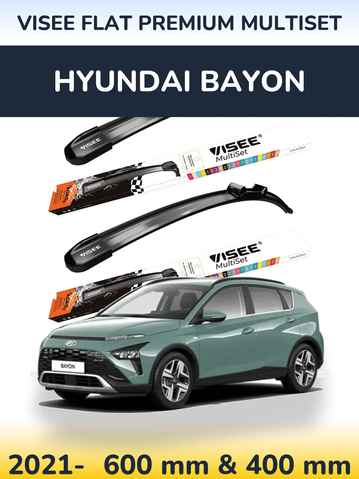 Комплект передніх щіток VISEE FLAT PREMIUM MultiSet 600 & 400 мм для Hyundai Bayon 2021-2026