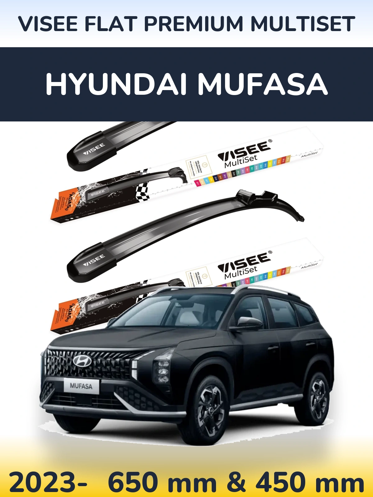 Sada předních stěračů VISEE FLAT PREMIUM MultiSet 650 a 450 mm pro Hyundai Mufasa 2023-2026