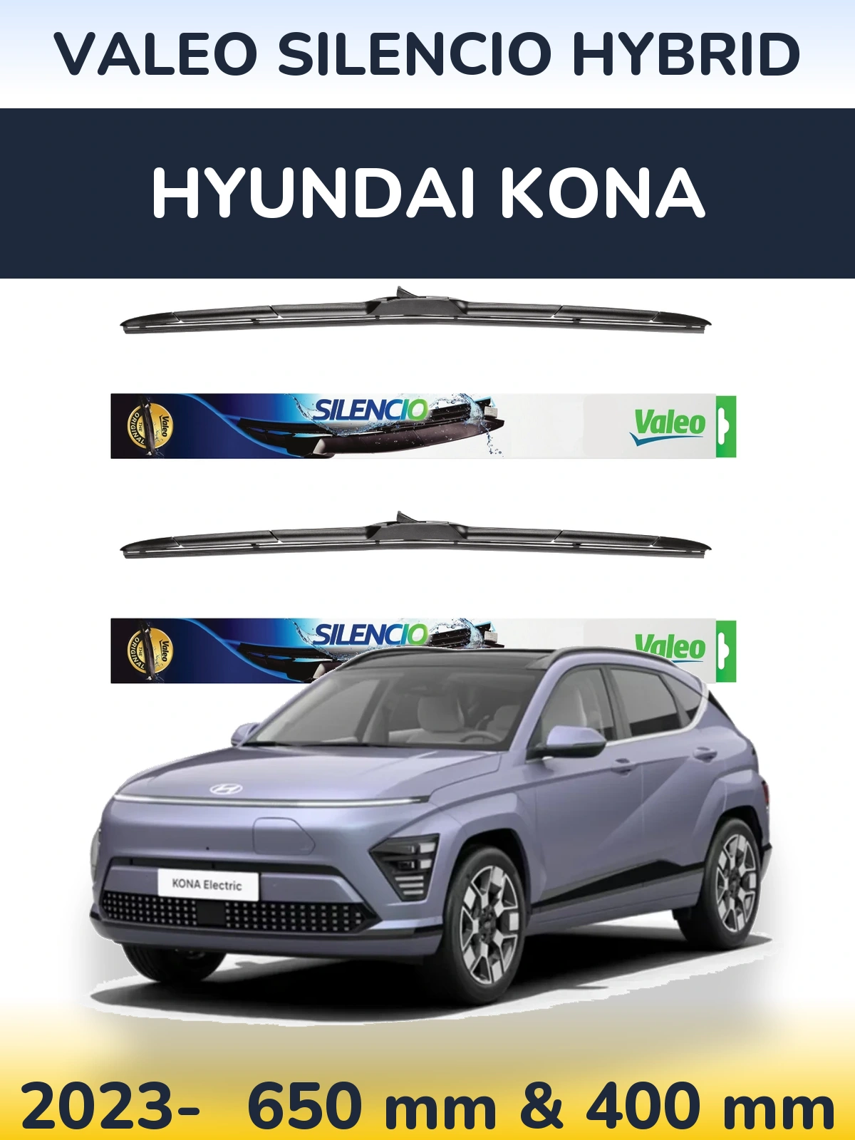 Sada předních stěračů Valeo Silencio Hybrid 650 a 400 mm pro Hyundai Kona 2023-2026