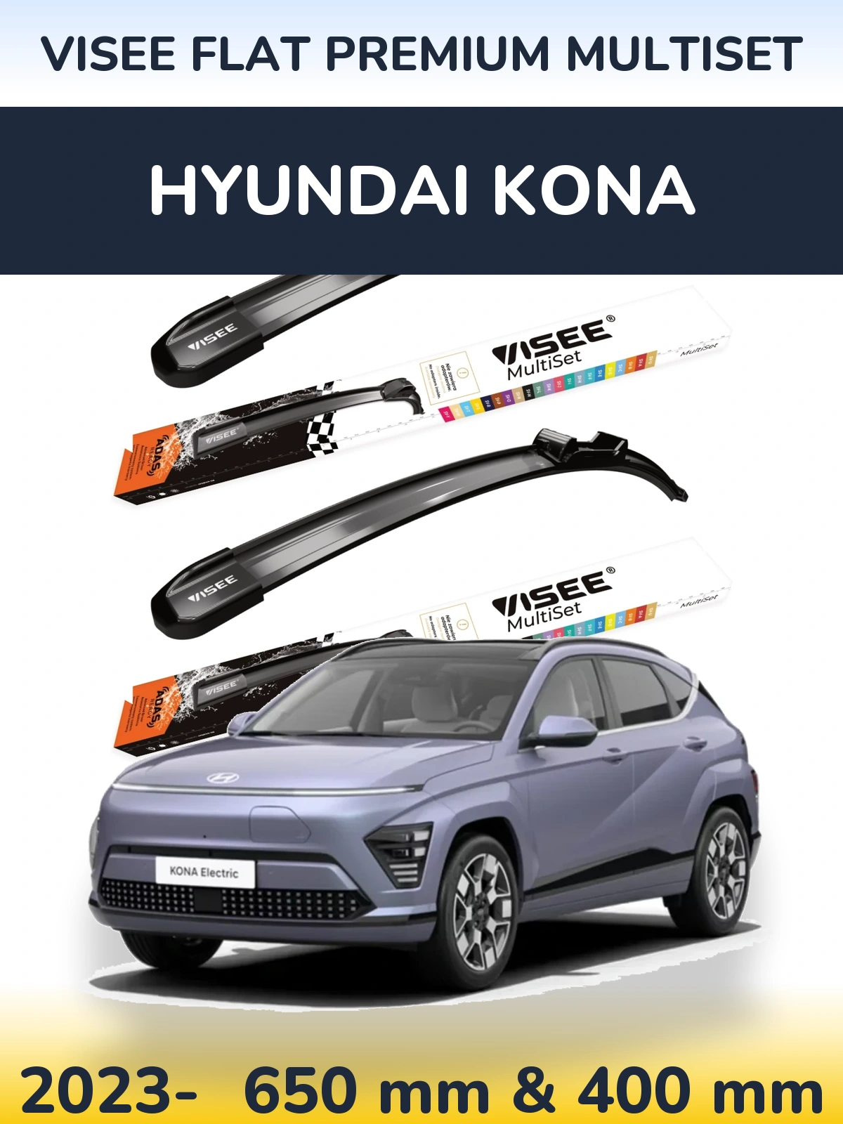 Sada předních stěračů VISEE FLAT PREMIUM MultiSet 650 a 400 mm pro Hyundai Kona 2023-2026