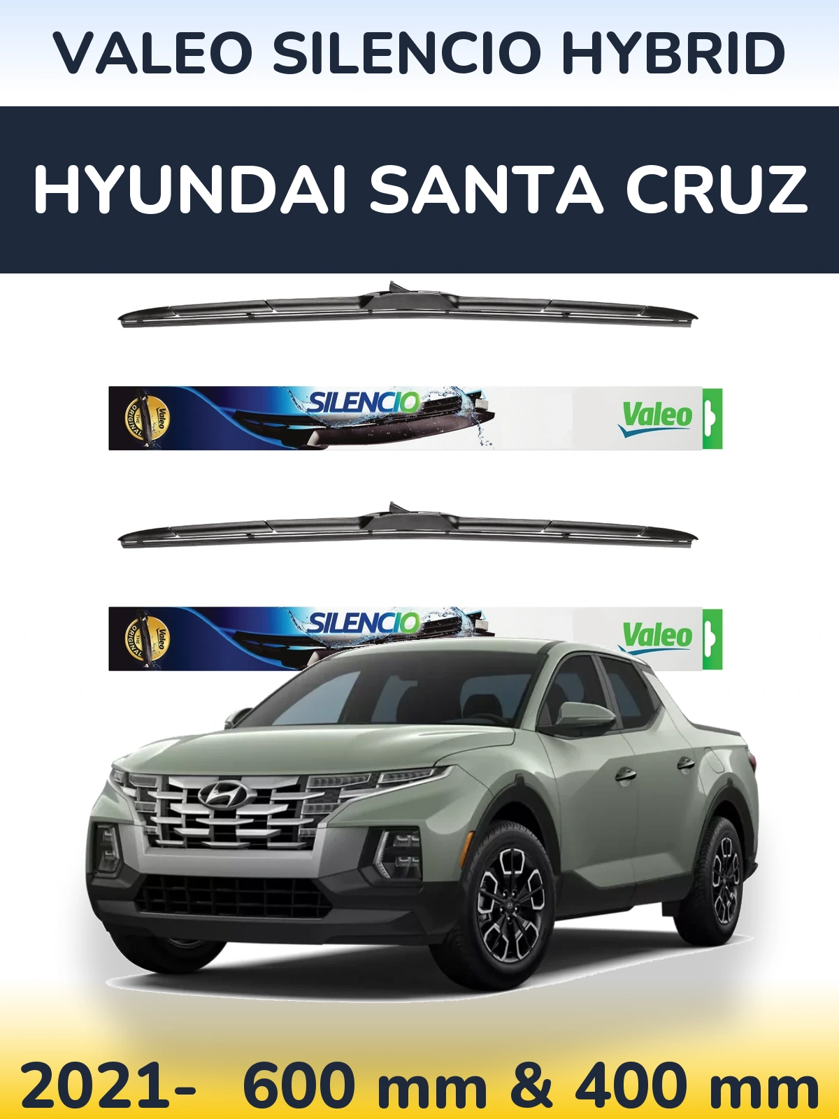 Sada předních stěračů Valeo Silencio Hybrid 600 a 400 mm pro Hyundai Santa Cruz 2021-2026