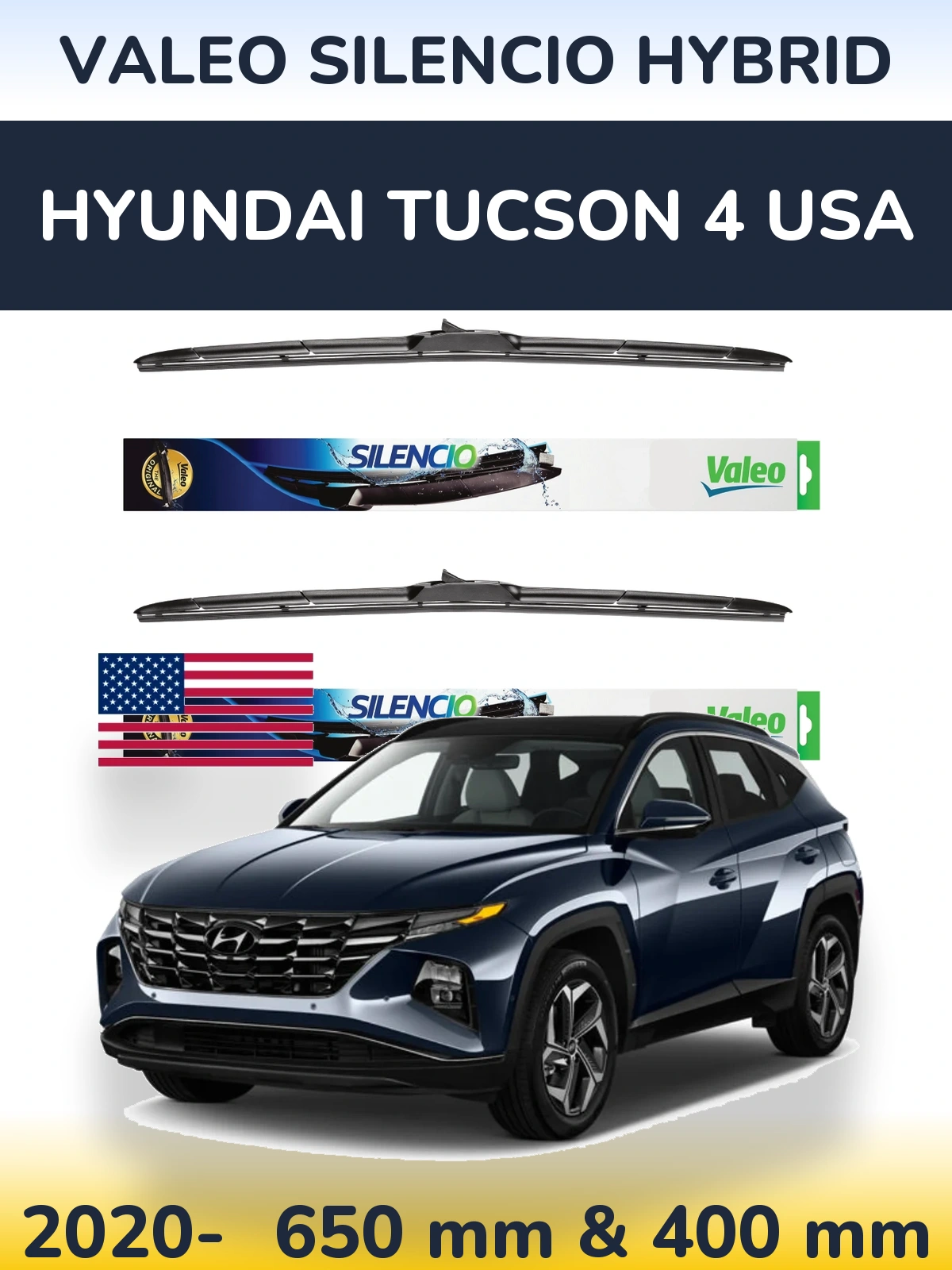 Sada předních stěračů Valeo Silencio Hybrid 650 a 400 mm pro Hyundai Tucson 4 USA 2020-2026