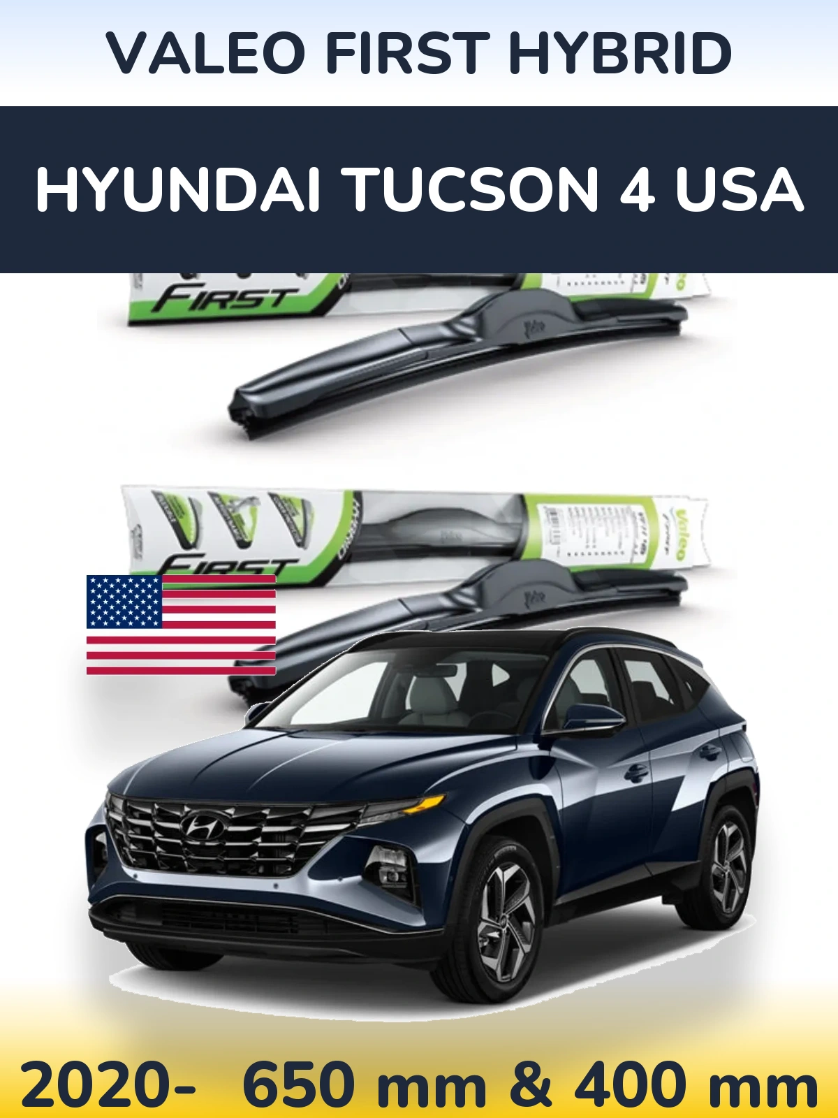Sada předních stěračů Valeo First Hybrid 650 a 400 mm pro Hyundai Tucson 4 USA 2020-2026