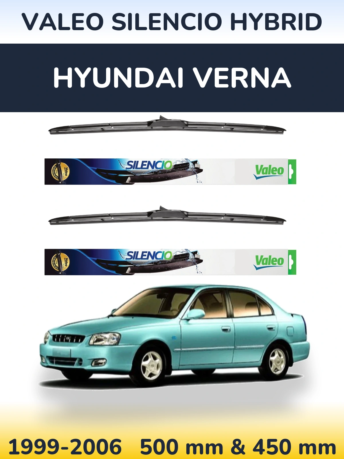 Комплект передніх щіток Valeo Silencio Hybrid 500 & 450 мм для Hyundai Verna 1999-2006
