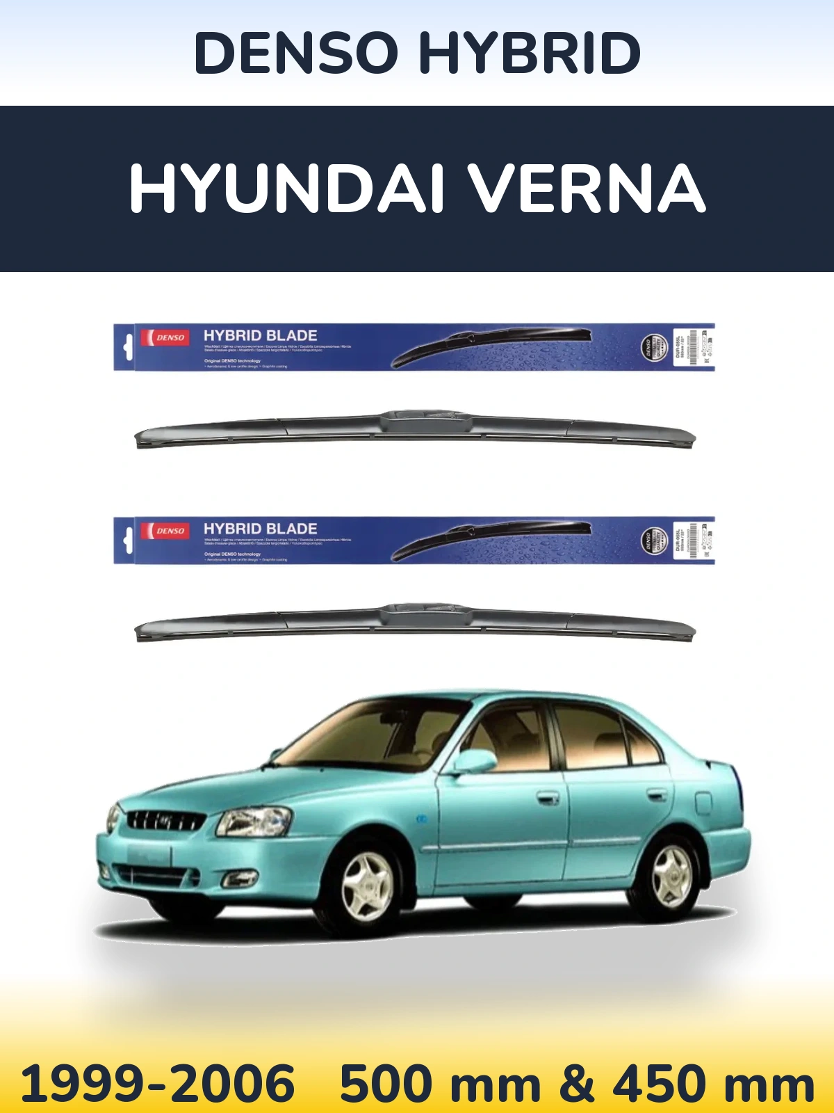 Sada předních stěračů Denso Hybrid 500 a 450 mm pro Hyundai Verna 1999-2006