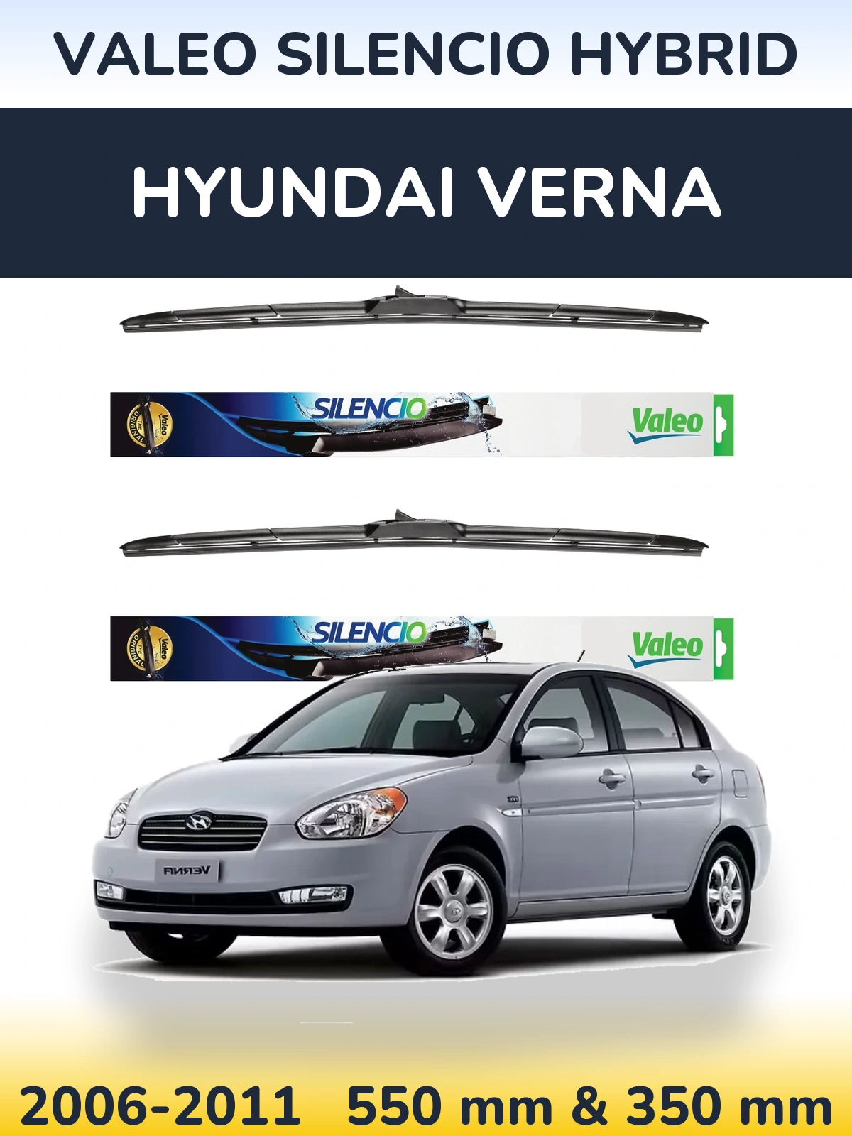 Sada předních stěračů Valeo Silencio Hybrid 550 a 350 mm pro Hyundai Verna 2006-2011