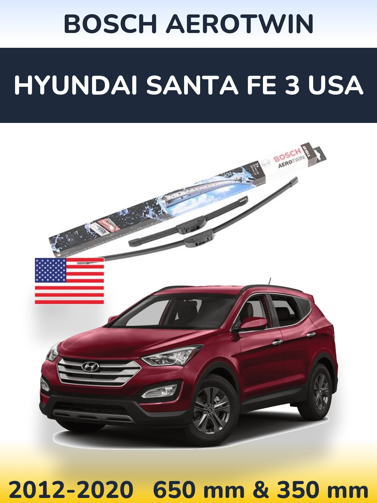 Комплект передніх щіток BOSCH AeroTwin 650 & 350 мм для Hyundai Santa Fe 3 USA 2012-2020