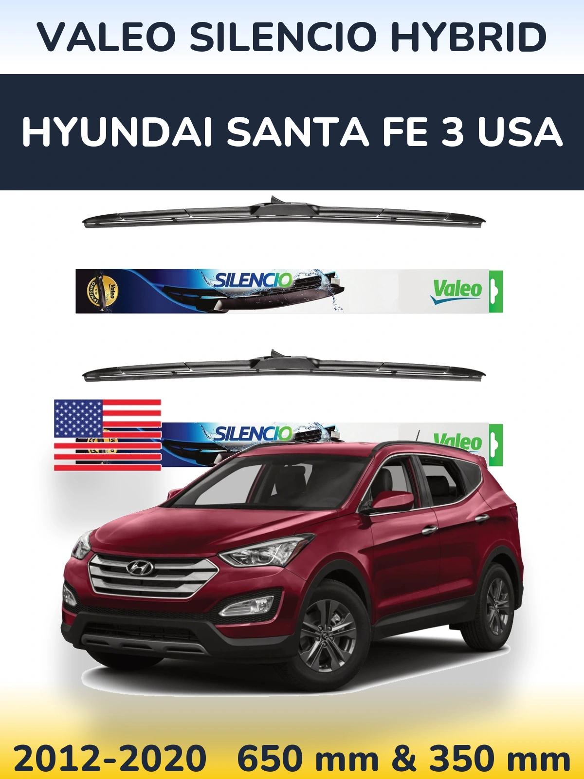 Sada předních stěračů Valeo Silencio Hybrid 650 a 350 mm pro Hyundai Santa Fe 3 USA 2012-2020