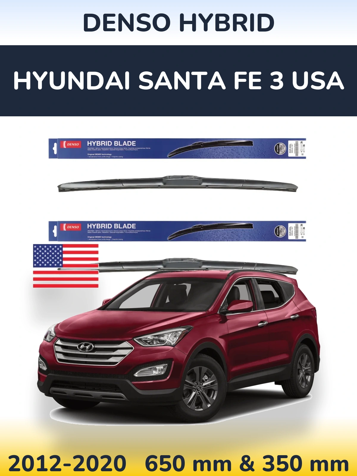 Sada předních stěračů Denso Hybrid 650 a 350 mm pro Hyundai Santa Fe 3 USA 2012-2020