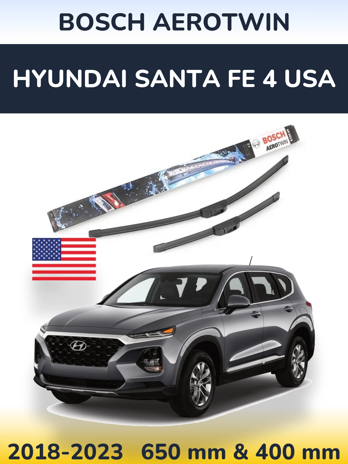 Sada předních stěračů BOSCH AeroTwin 650 a 400 mm pro Hyundai Santa Fe 4 USA 2018-2023