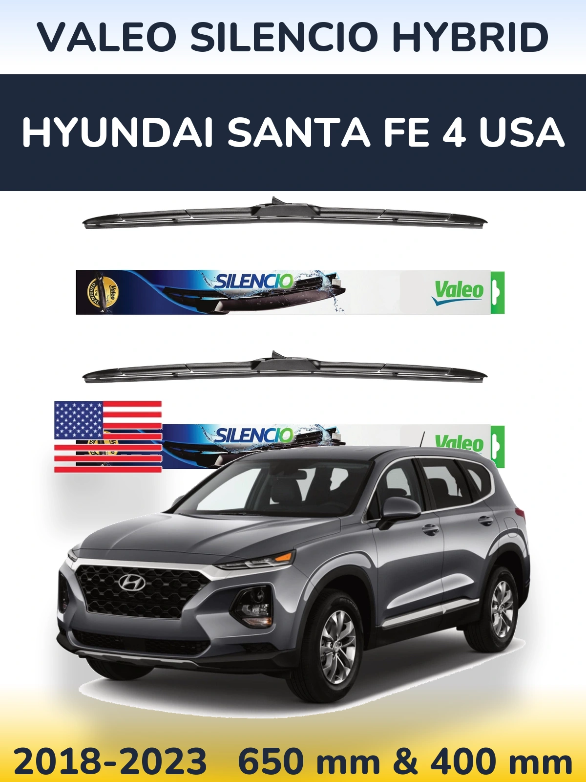 Sada předních stěračů Valeo Silencio Hybrid 650 a 400 mm pro Hyundai Santa Fe 4 USA 2018-2023