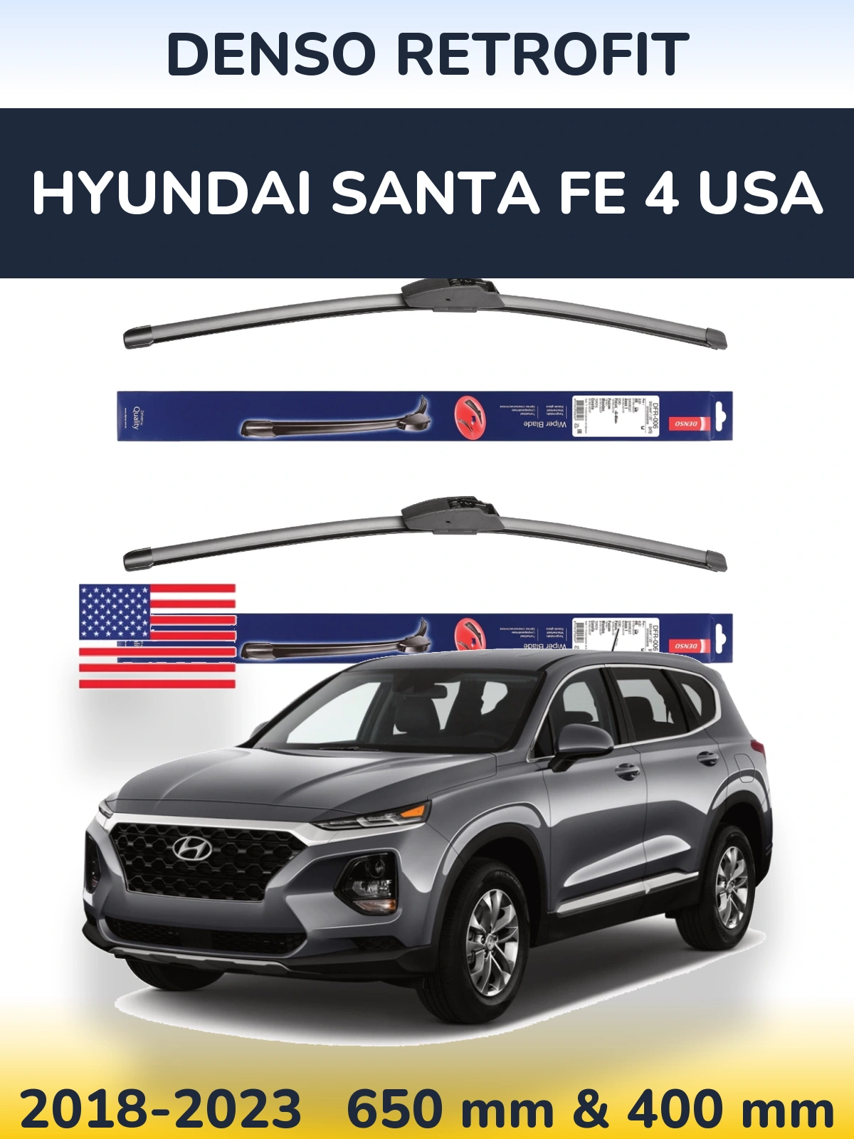Sada předních stěračů Denso Retrofit 650 a 400 mm pro Hyundai Santa Fe 4 USA 2018-2023