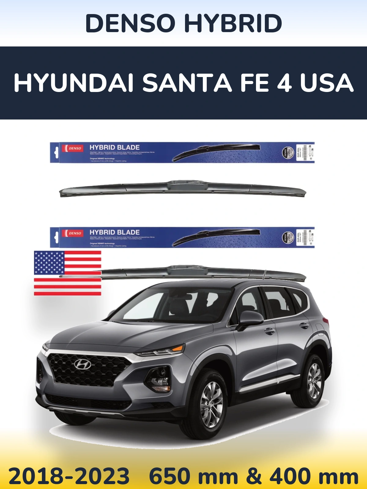Sada předních stěračů Denso Hybrid 650 a 400 mm pro Hyundai Santa Fe 4 USA 2018-2023
