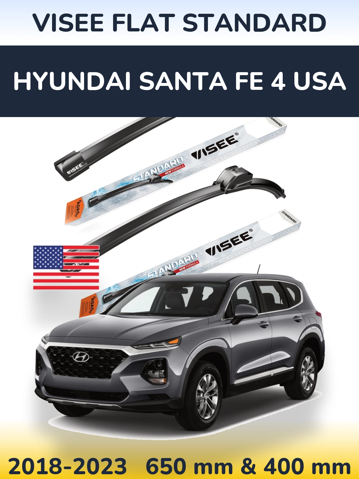 Sada předních stěračů VISEE FLAT STANDARD 650 a 400 mm pro Hyundai Santa Fe 4 USA 2018-2023