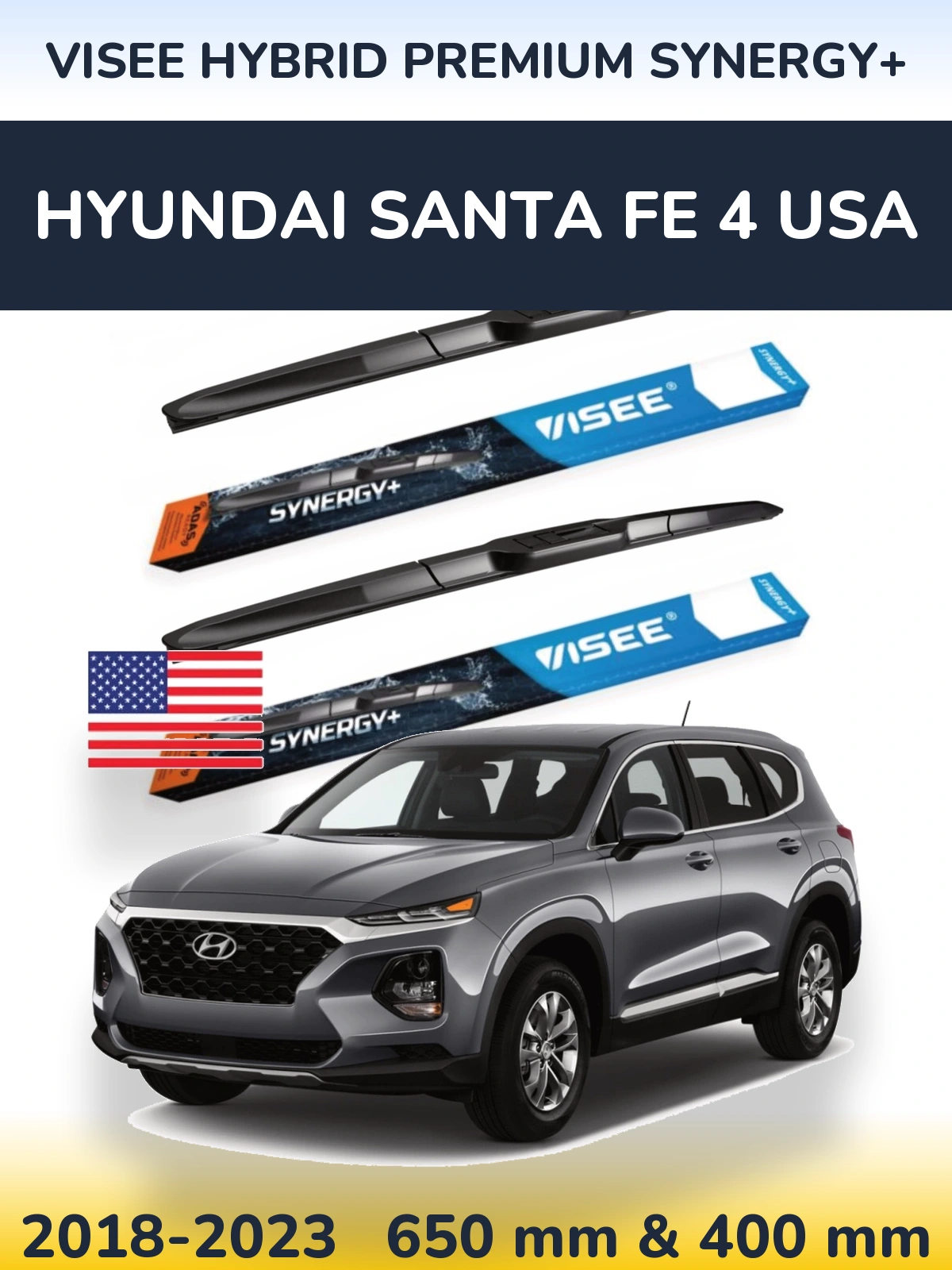 Sada předních stěračů VISEE HYBRID PREMIUM SYNERGY+ 650 a 400 mm pro Hyundai Santa Fe 4 USA 2018-2023