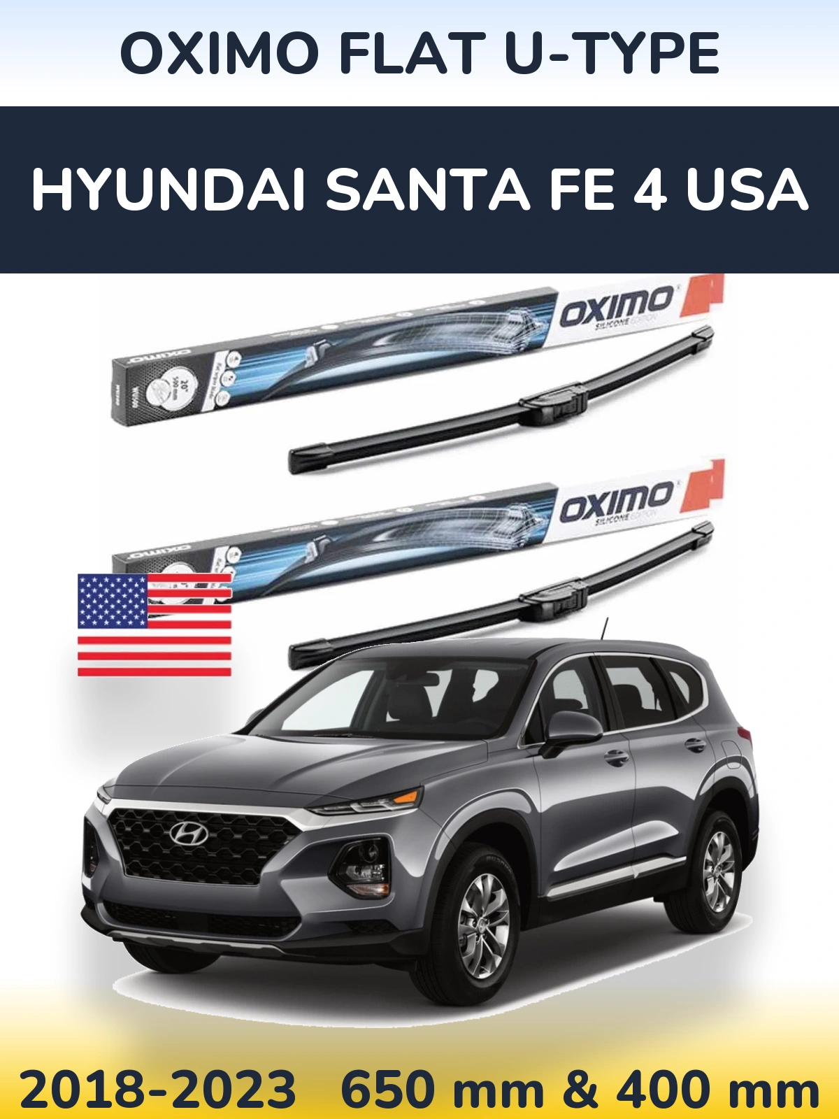 Sada předních stěračů Oximo Flat U-type 650 a 400 mm pro Hyundai Santa Fe 4 USA 2018-2023