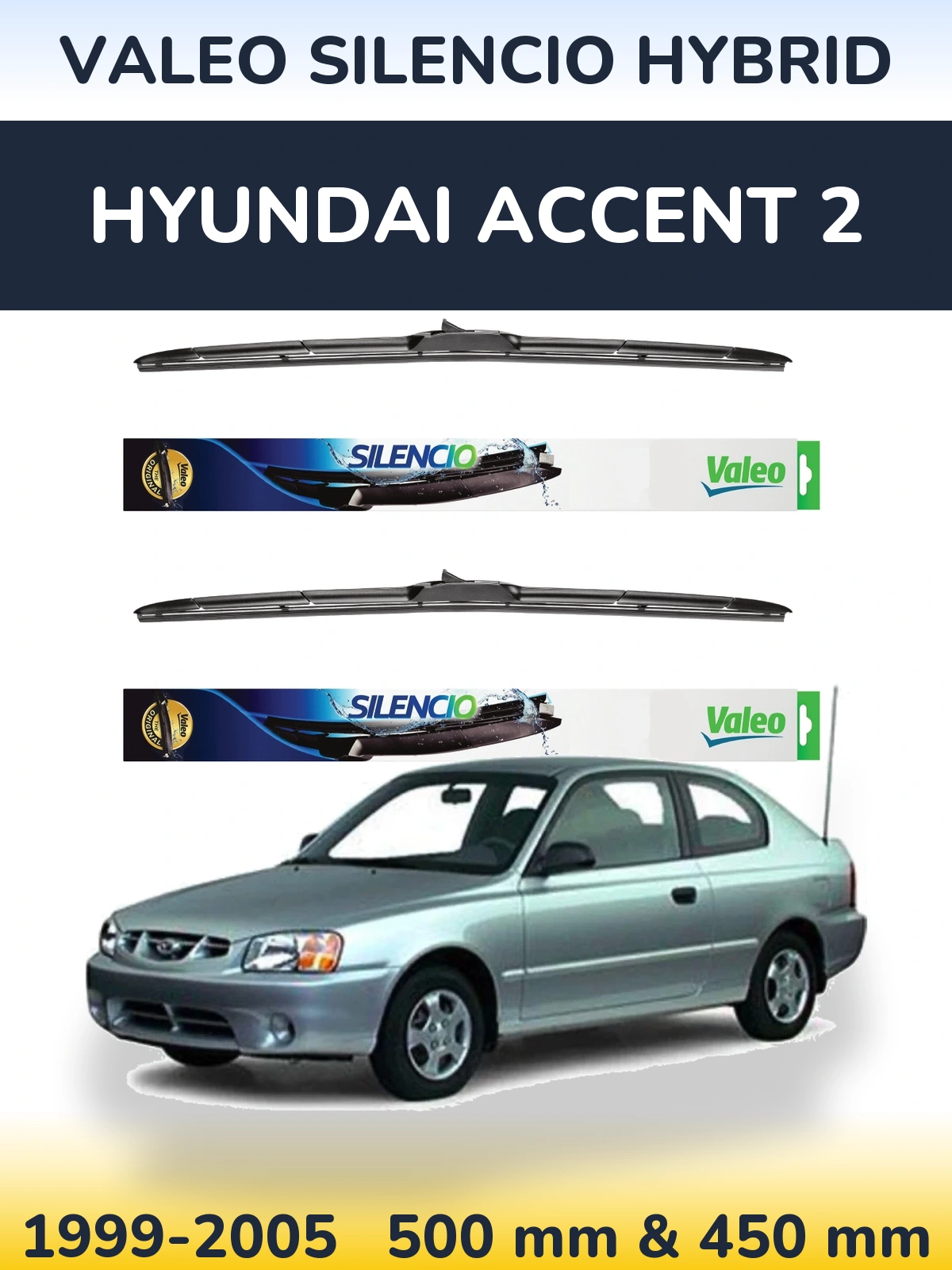 Sada předních stěračů Valeo Silencio Hybrid 500 a 450 mm pro Hyundai Accent 2 1999-2005