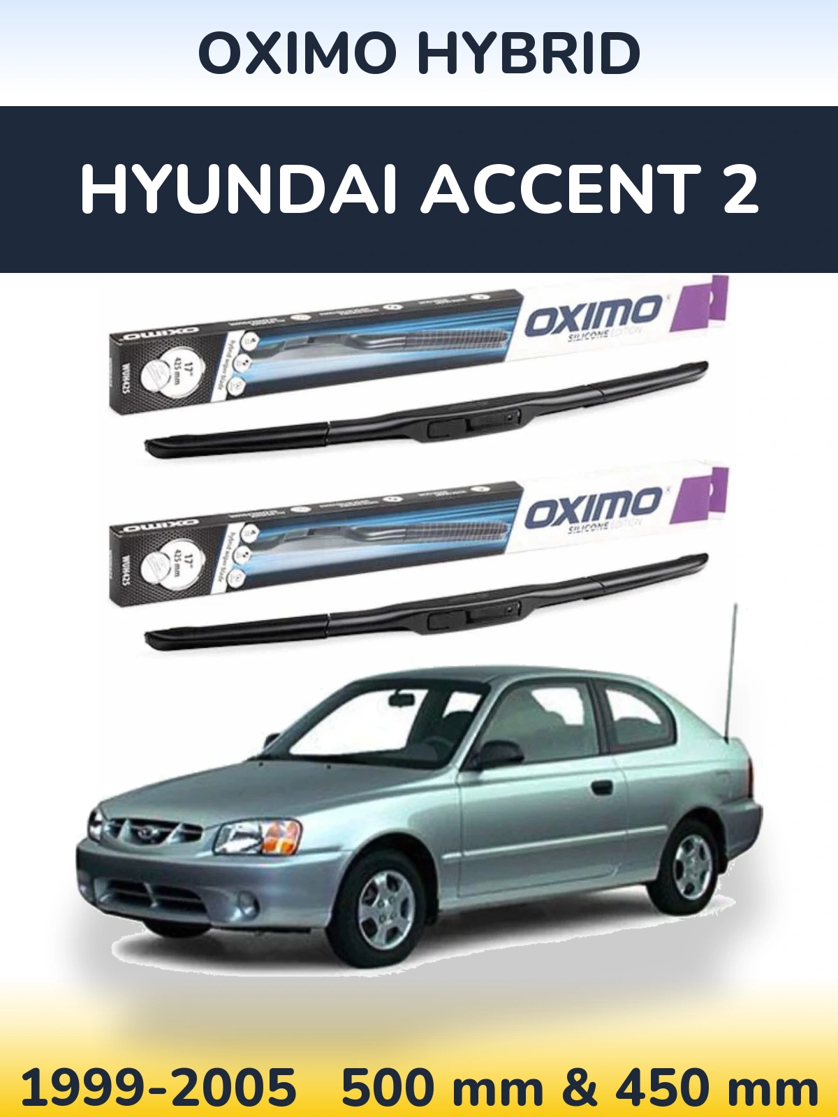 Sada předních stěračů Oximo Hybrid 500 a 450 mm pro Hyundai Accent 2 1999-2005