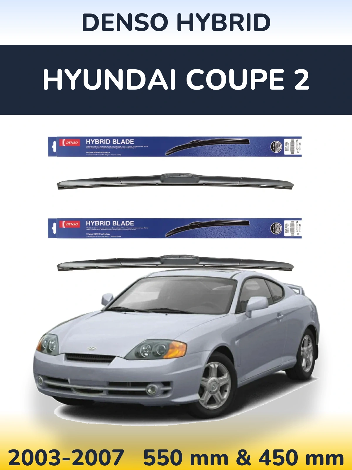 Sada předních stěračů Denso Hybrid 550 a 450 mm pro Hyundai Coupe 2 2003-2007