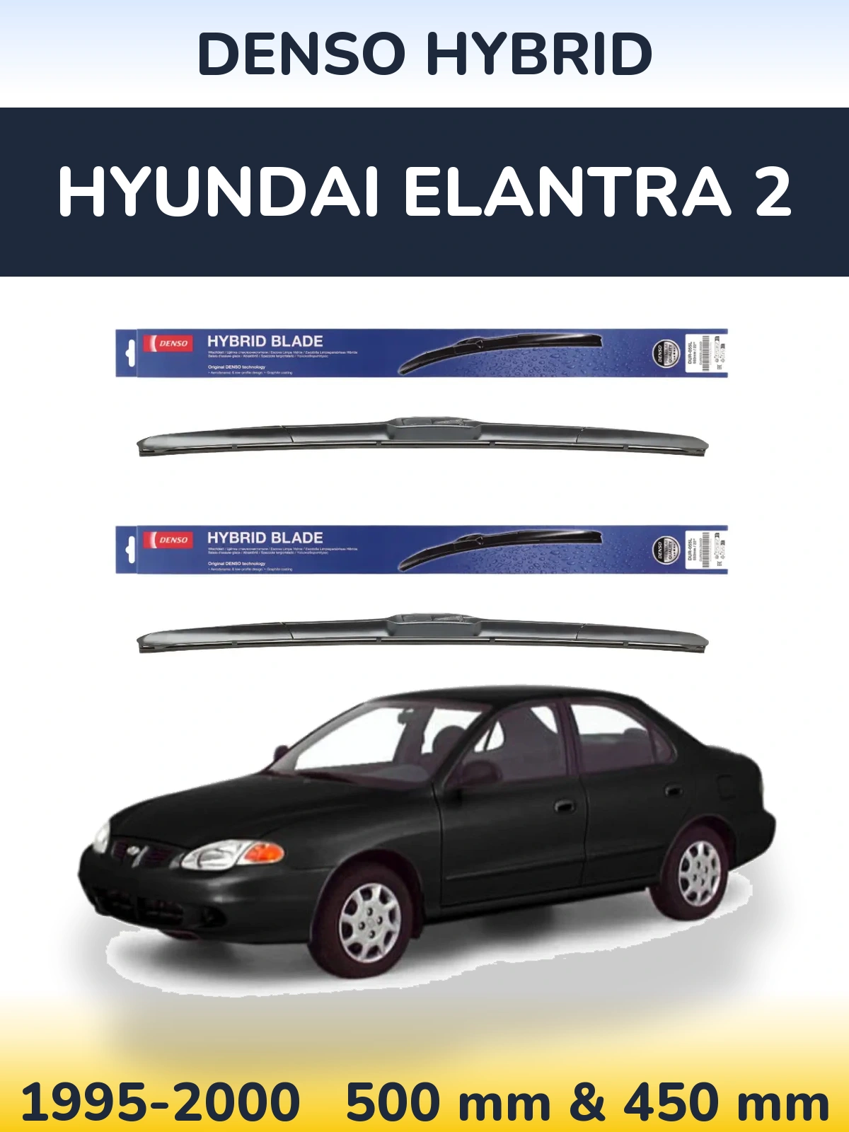 Sada předních stěračů Denso Hybrid 500 a 450 mm pro Hyundai Elantra 2 1995-2000