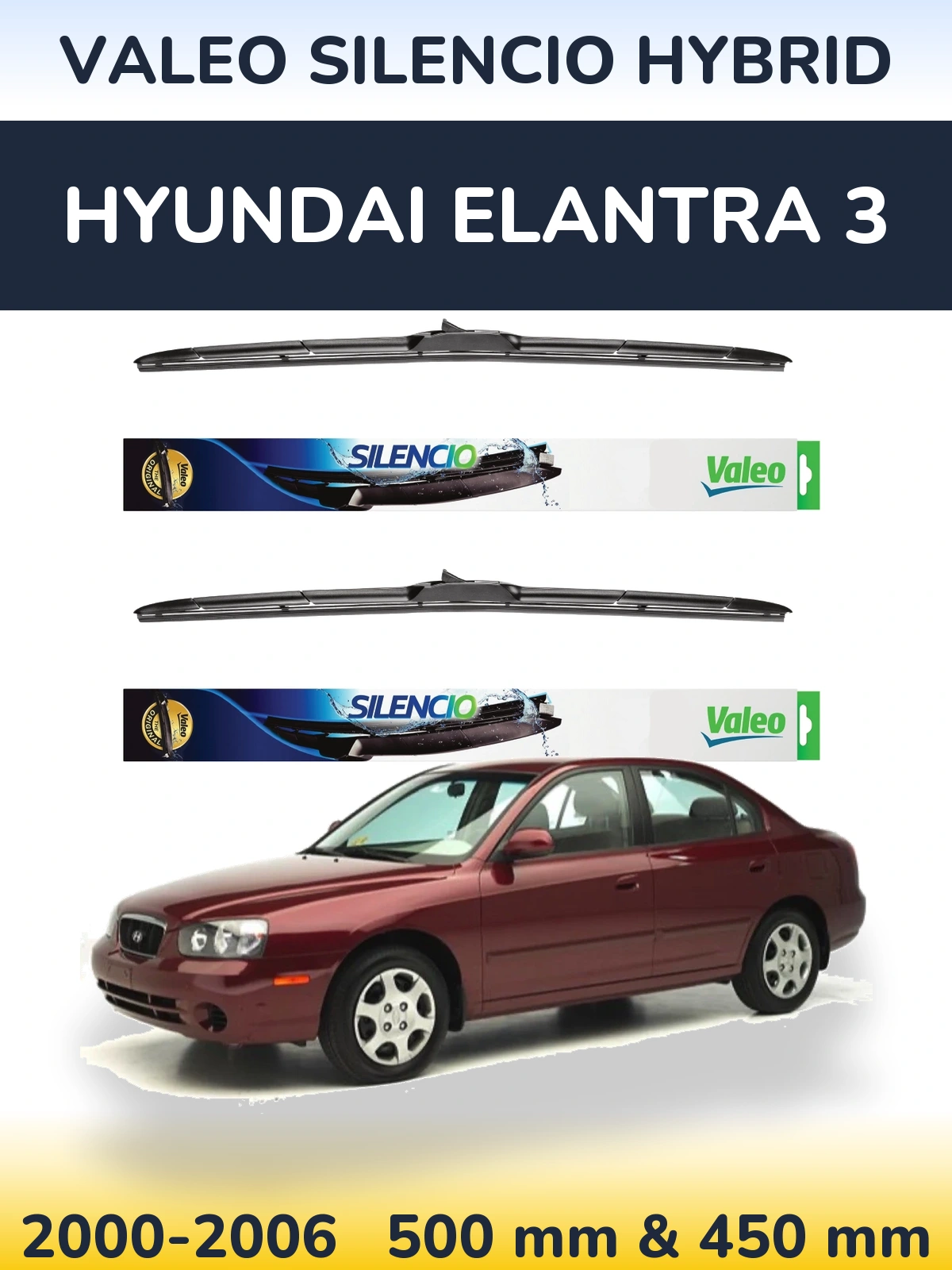 Sada předních stěračů Valeo Silencio Hybrid 500 a 450 mm pro Hyundai Elantra 3 2000-2006