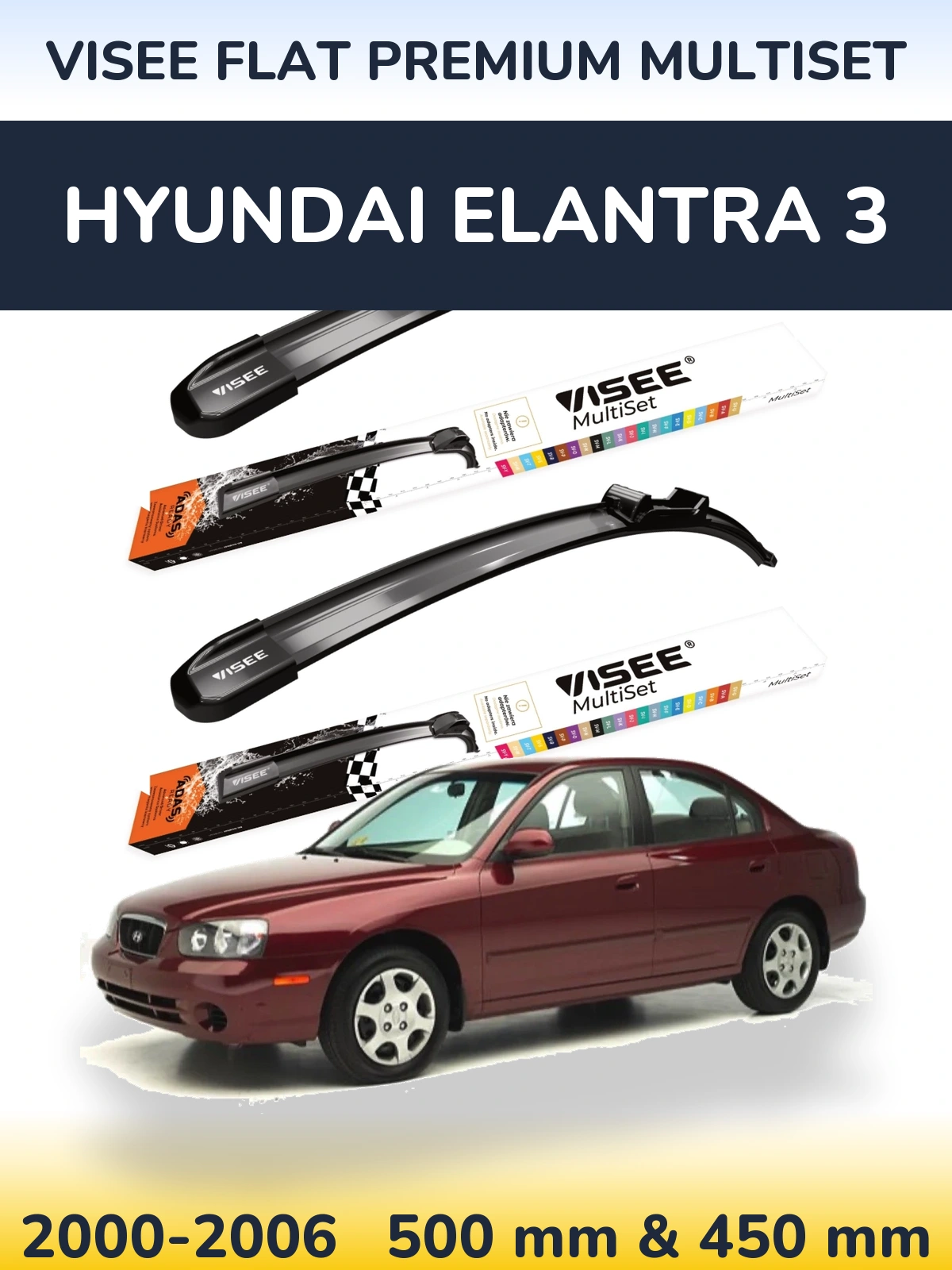 Sada předních stěračů VISEE FLAT PREMIUM MultiSet 500 a 450 mm pro Hyundai Elantra 3 2000-2006