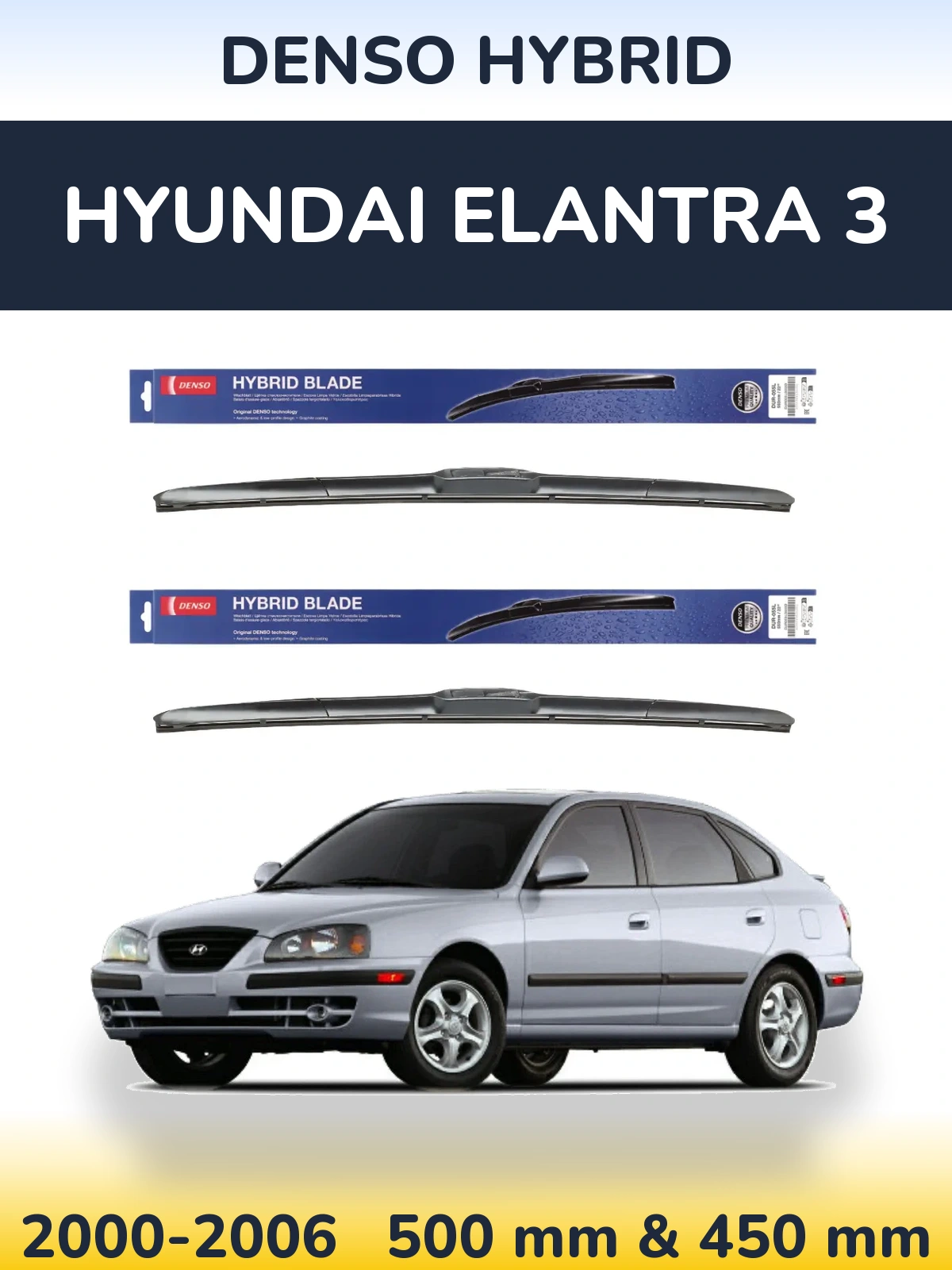 Sada předních stěračů Denso Hybrid 500 a 450 mm pro Hyundai Elantra 3 2000-2006
