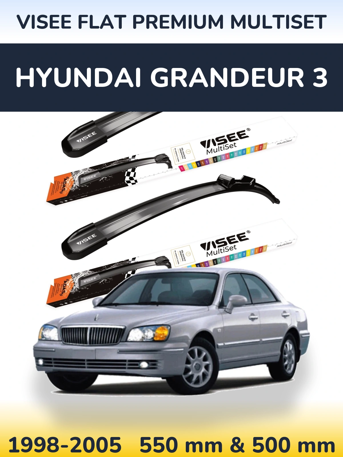 Sada předních stěračů VISEE FLAT PREMIUM MultiSet 550 a 500 mm pro Hyundai Grandeur 3 1998-2005