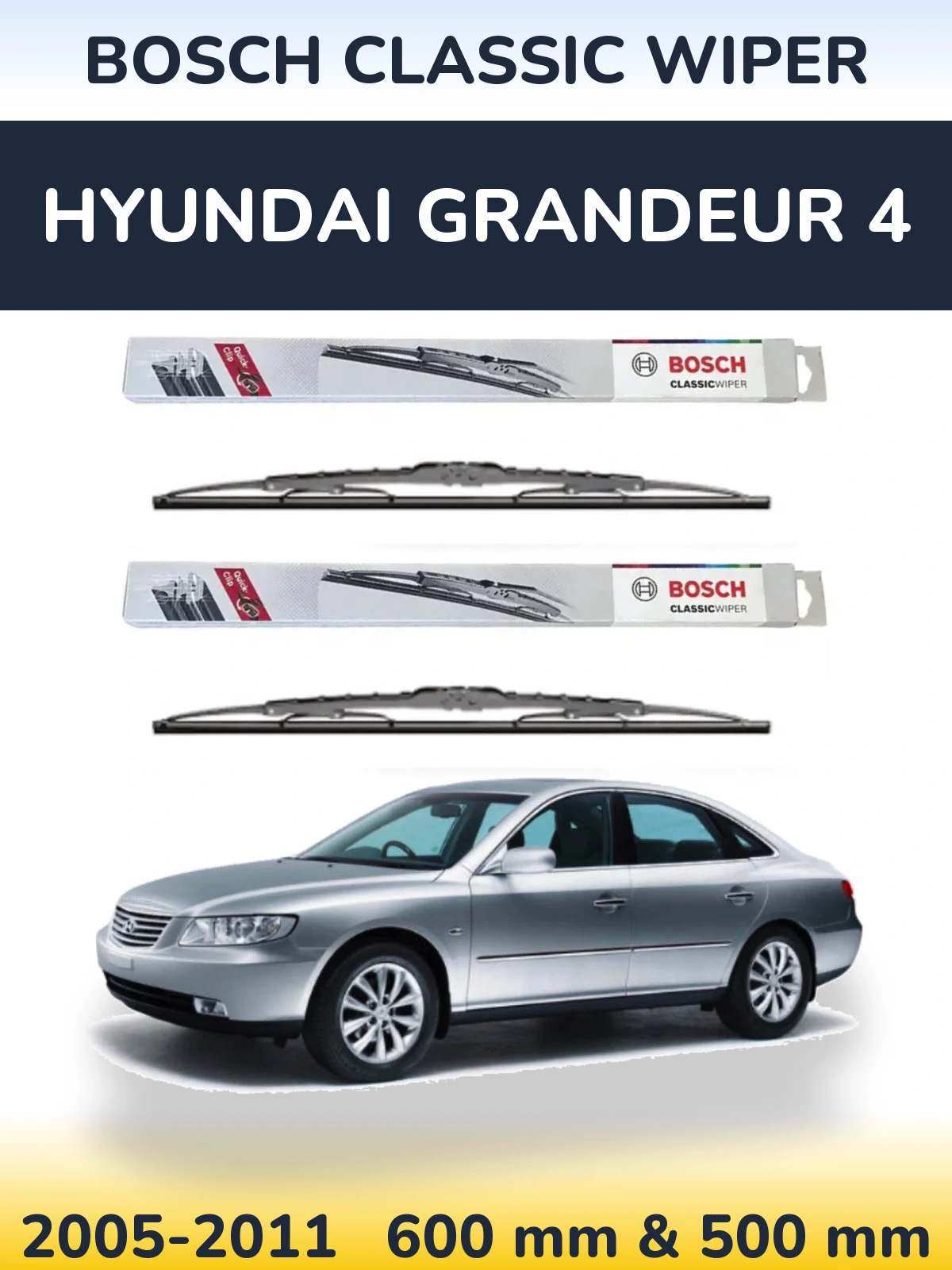 Sada předních stěračů BOSCH Classic Wiper 600 a 500 mm pro Hyundai Grandeur 4 2005-2011