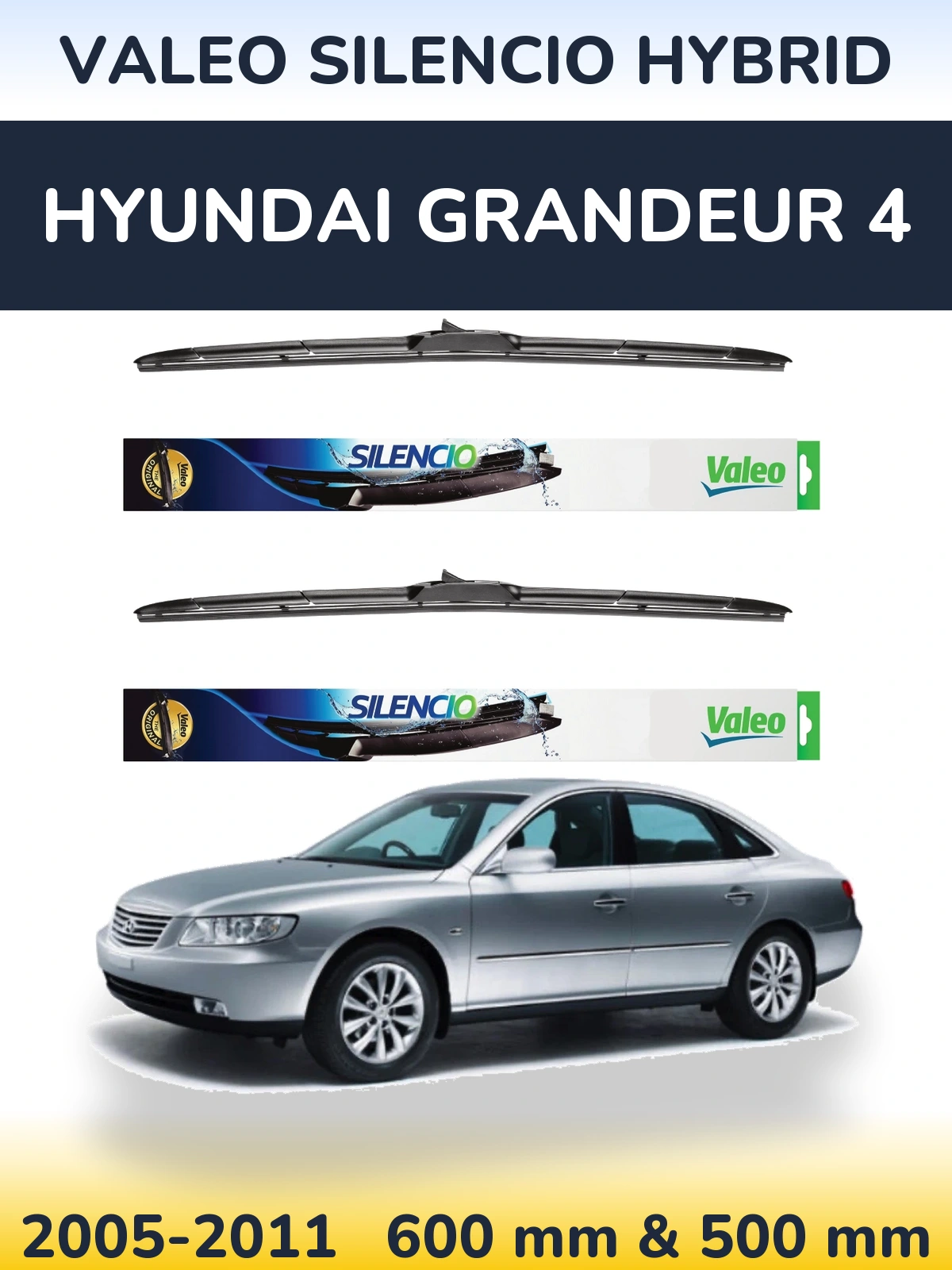 Sada předních stěračů Valeo Silencio Hybrid 600 a 500 mm pro Hyundai Grandeur 4 2005-2011