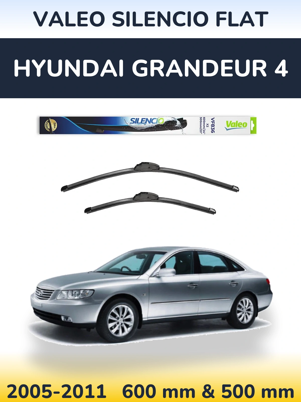 Sada předních stěračů Valeo Silencio Flat 600 a 500 mm pro Hyundai Grandeur 4 2005-2011