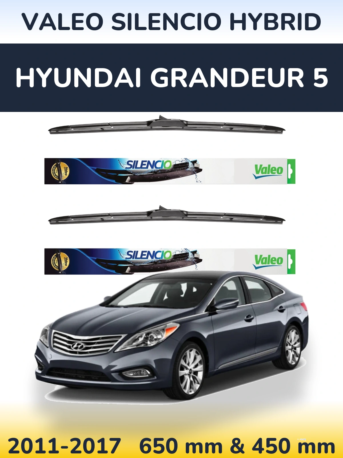 Sada předních stěračů Valeo Silencio Hybrid 650 a 450 mm pro Hyundai Grandeur 5 2011-2017