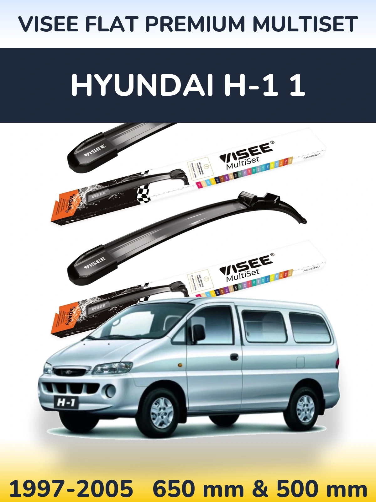 Комплект передніх щіток VISEE FLAT PREMIUM MultiSet 650 & 500 мм для Hyundai H-1 1 1997-2005