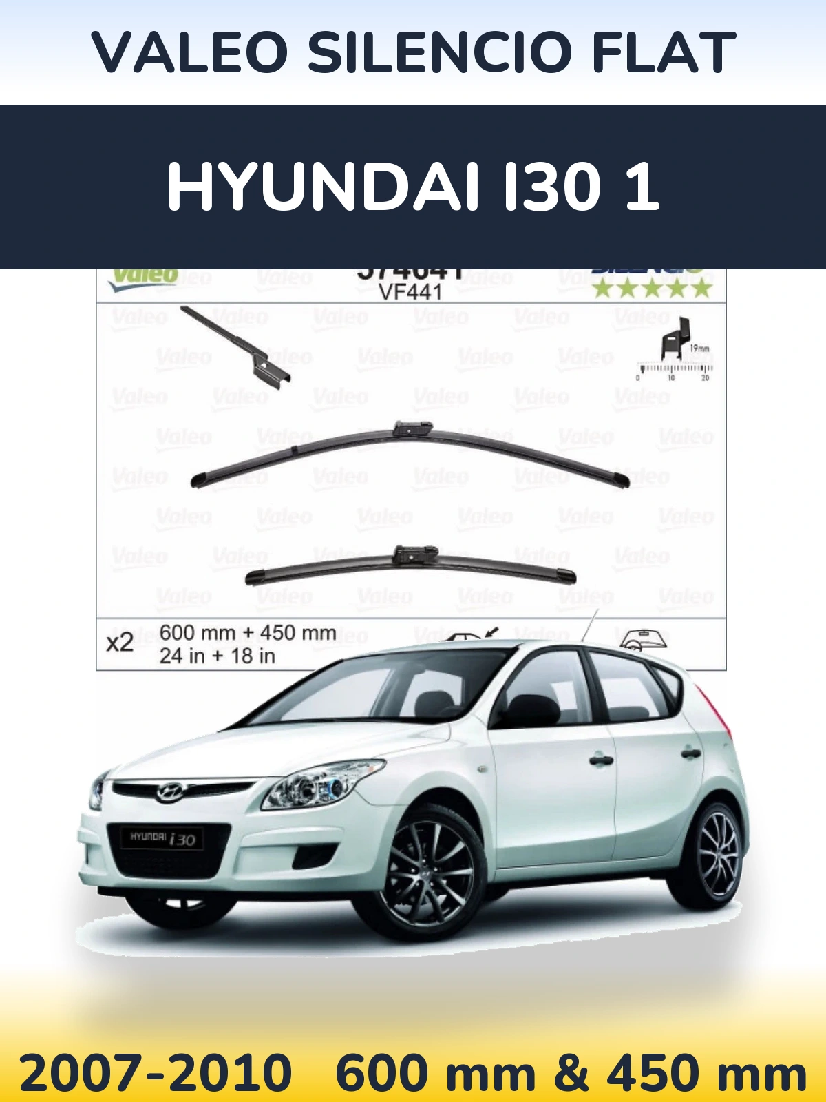 Sada předních stěračů Valeo Silencio Flat 600 a 450 mm pro Hyundai i30 1 2007-2010