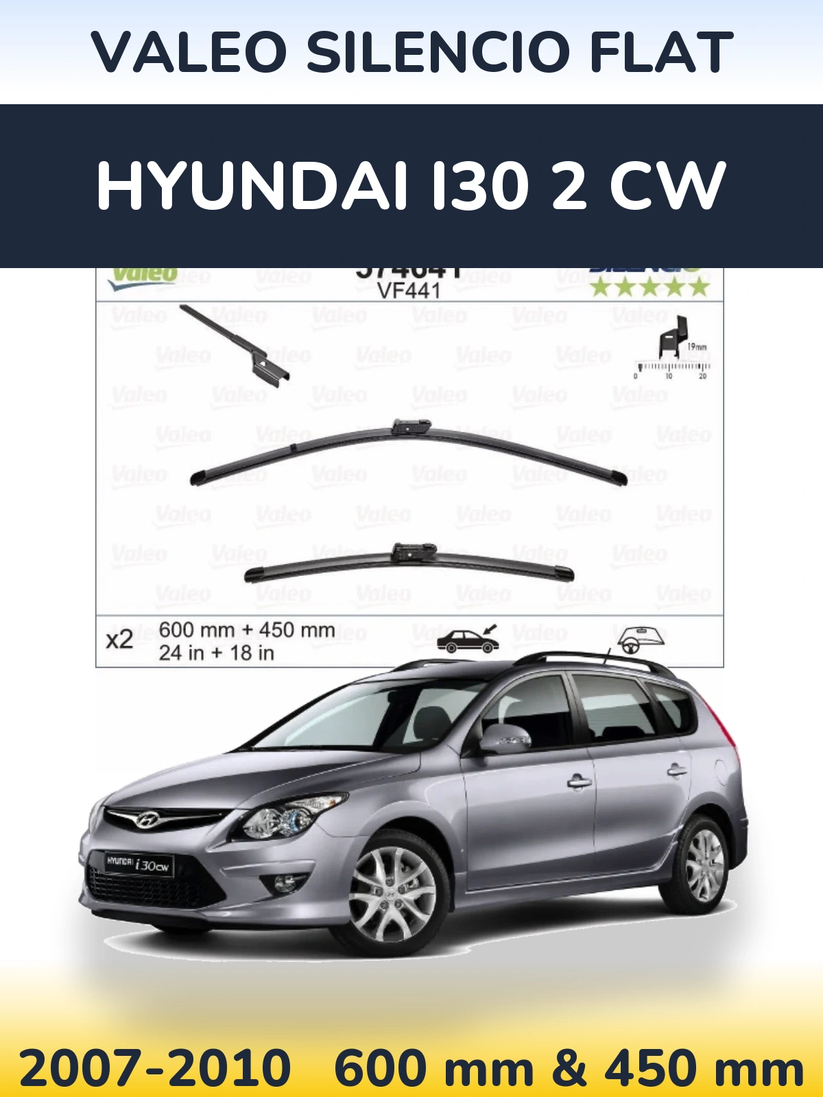 Sada předních stěračů Valeo Silencio Flat 600 a 450 mm pro Hyundai i30 2 CW 2007-2010