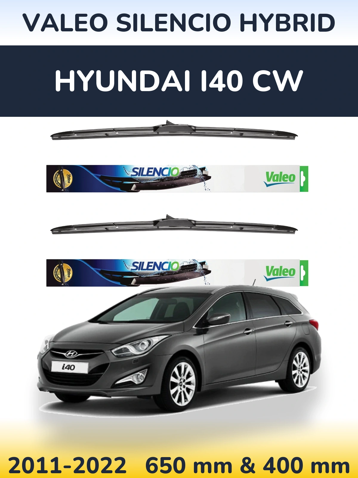 Sada předních stěračů Valeo Silencio Hybrid 650 a 400 mm pro Hyundai i40 CW 2011-2022