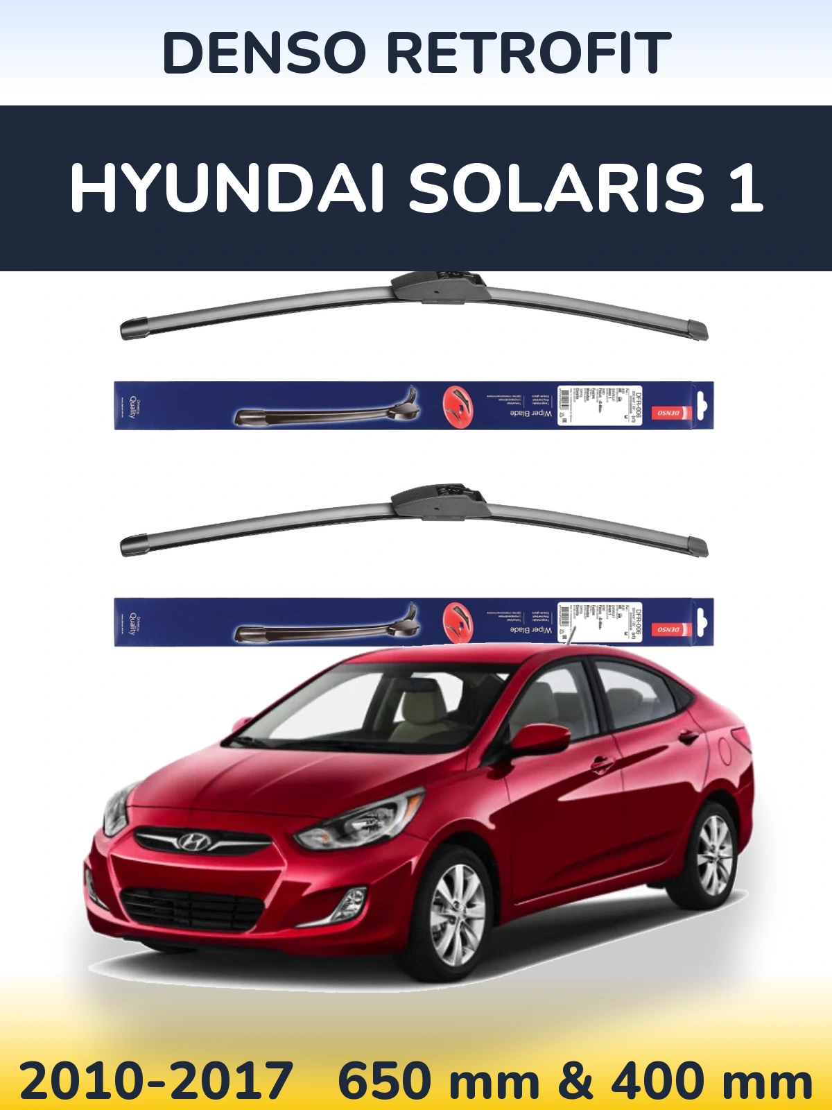 Sada předních stěračů Denso Retrofit 650 a 400 mm pro Hyundai Solaris 1 2010-2017