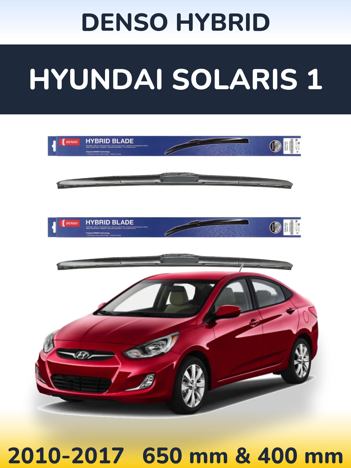Sada předních stěračů Denso Hybrid 650 a 400 mm pro Hyundai Solaris 1 2010-2017
