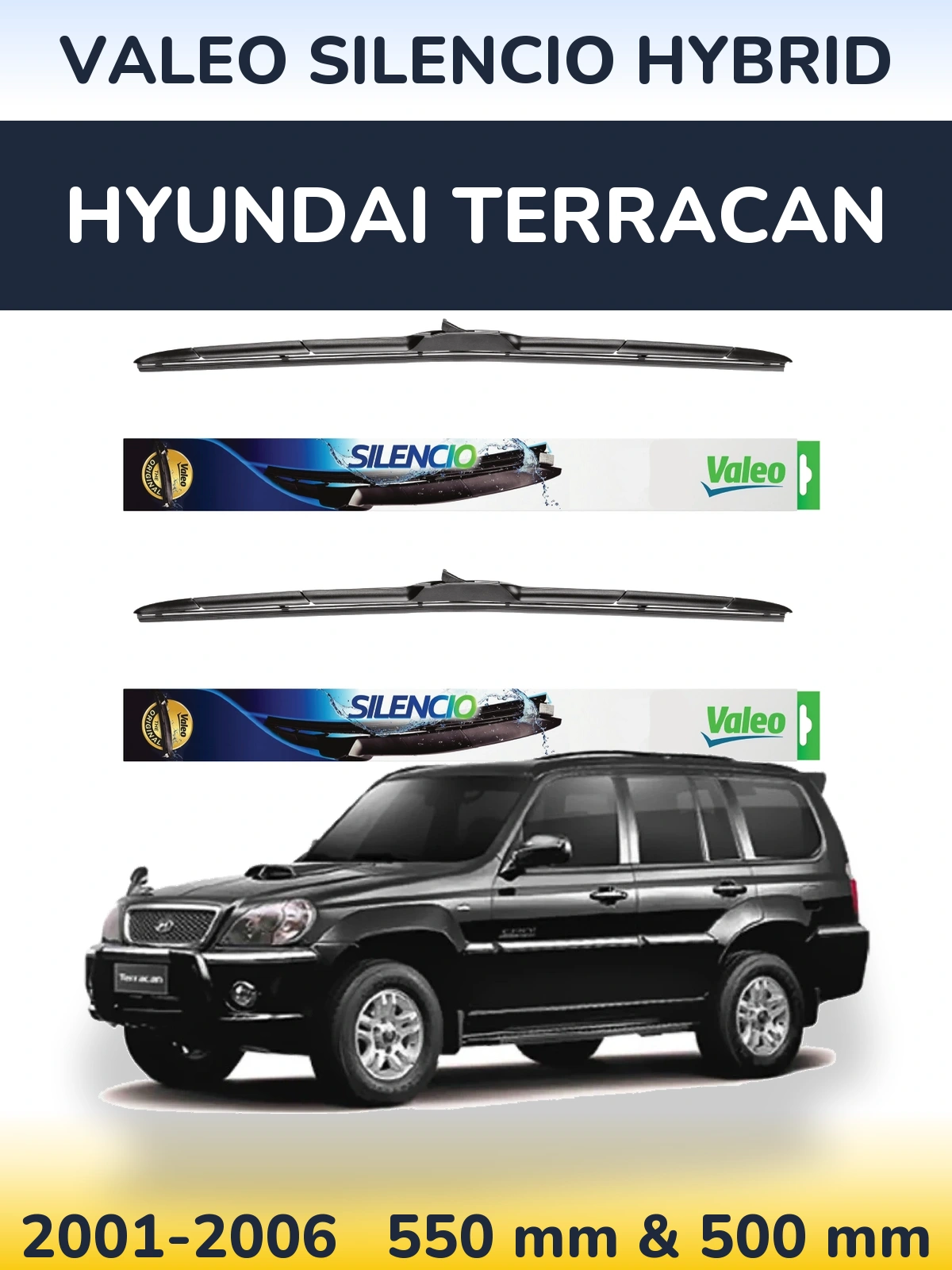 Sada předních stěračů Valeo Silencio Hybrid 550 a 500 mm pro Hyundai Terracan 2001-2006