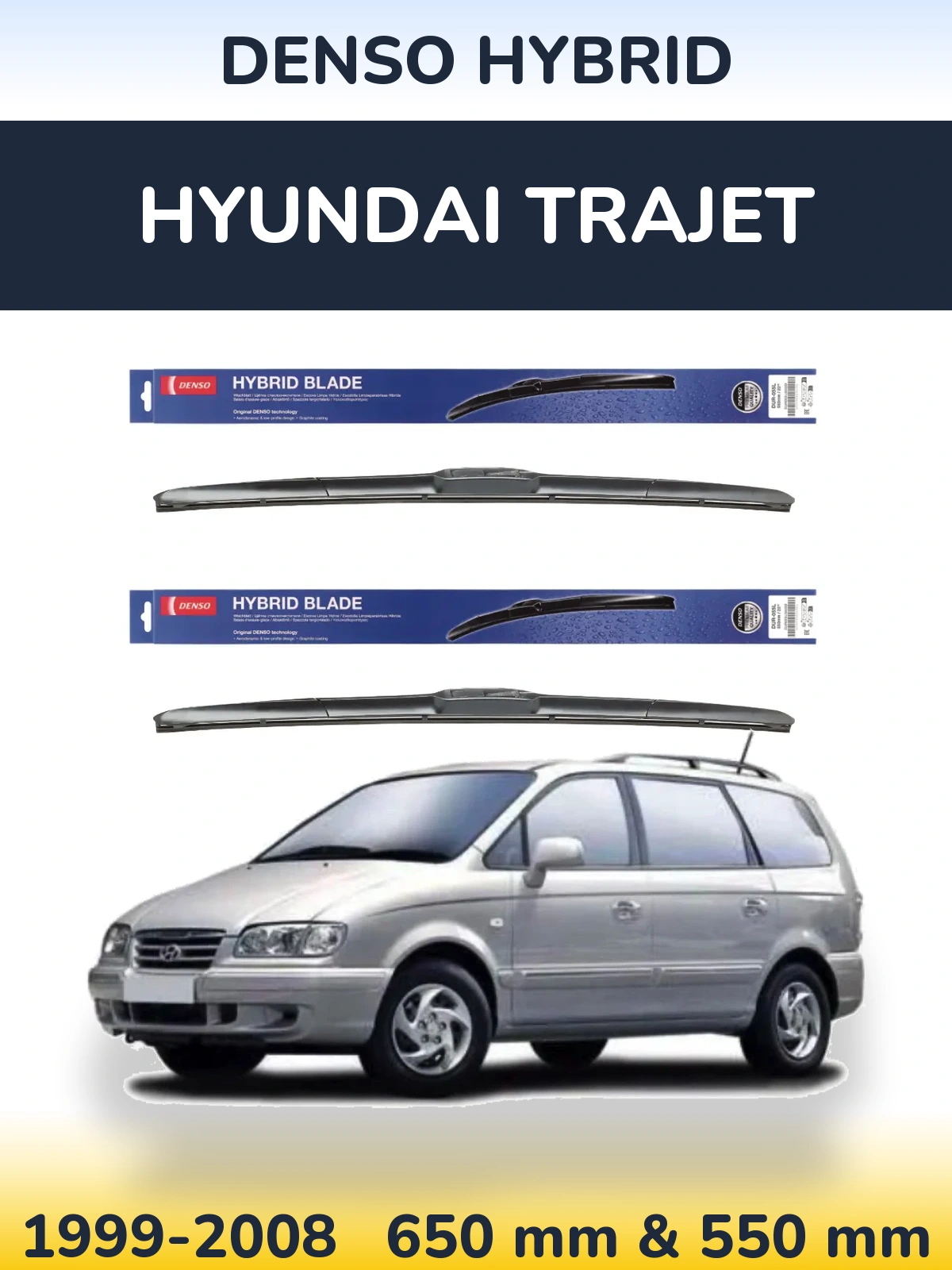 Sada předních stěračů Denso Hybrid 650 a 550 mm pro Hyundai Trajet 1999-2008